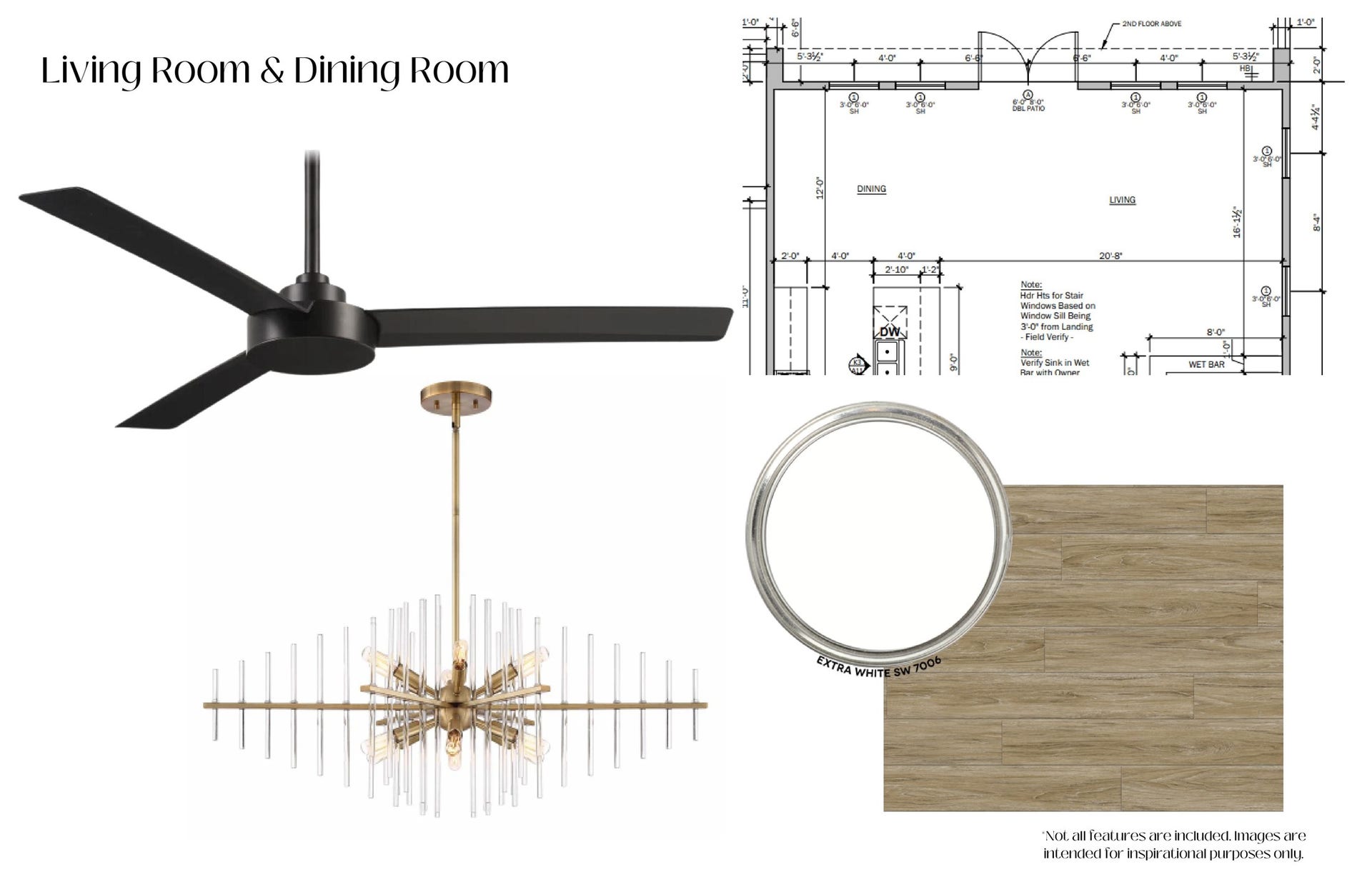 26702 Bay Water Drive, Galveston, TX 77554 The living and dining areas include wide-plank white oak LVP flooring, Extra White walls, a dramatic modern chandelier, and sleek ceiling fans.
