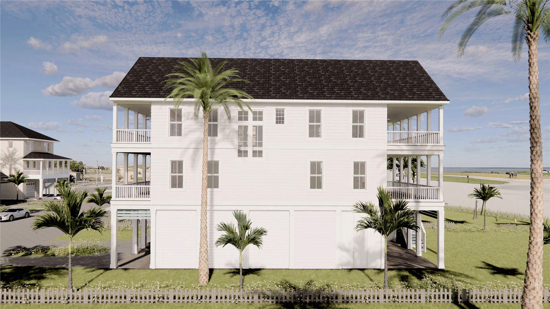 26702 Bay Water Drive, Galveston, TX 77554 The side profile reveals clean coastal lines and generous windows that invite natural light inside. *3D rendering