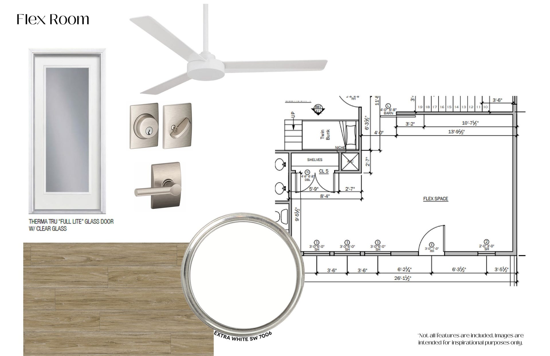 26702 Bay Water Drive, Galveston, TX 77554 The spacious flex room features white oak LVP flooring, Extra White walls, a modern ceiling fan, and a full-lite glass door, offering endless possibilities for use as a game room, media space, or guest retreat.