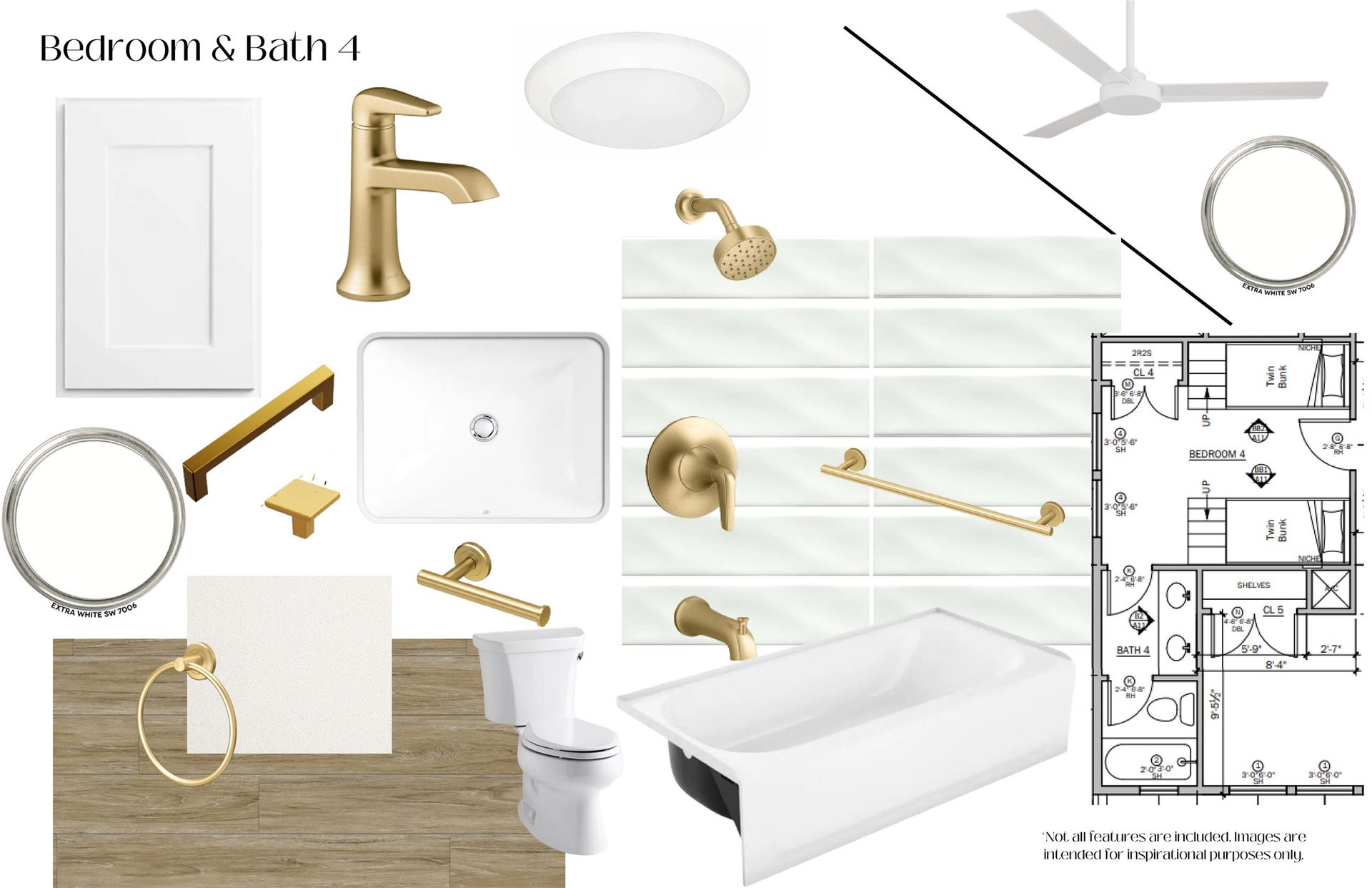 26702 Bay Water Drive, Galveston, TX 77554 Bedroom 4 and its ensuite bath include a white vanity with brass hardware, white oak LVP flooring, brushed golden brass fixtures, and a fully tiled tub/shower.