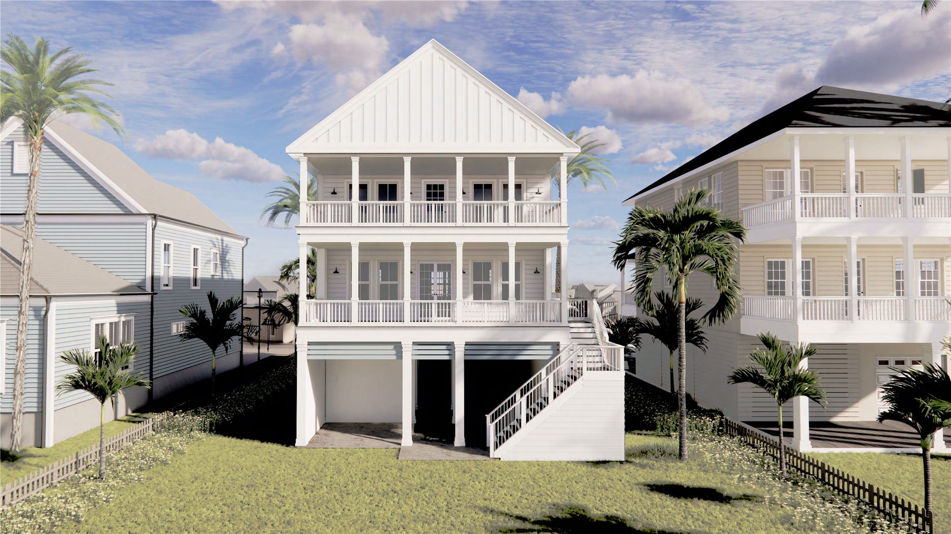 26702 Bay Water Drive, Galveston, TX 77554 Expansive balconies stretch across the front of the home, offering multiple outdoor spaces to relax and entertain. *3D rendering