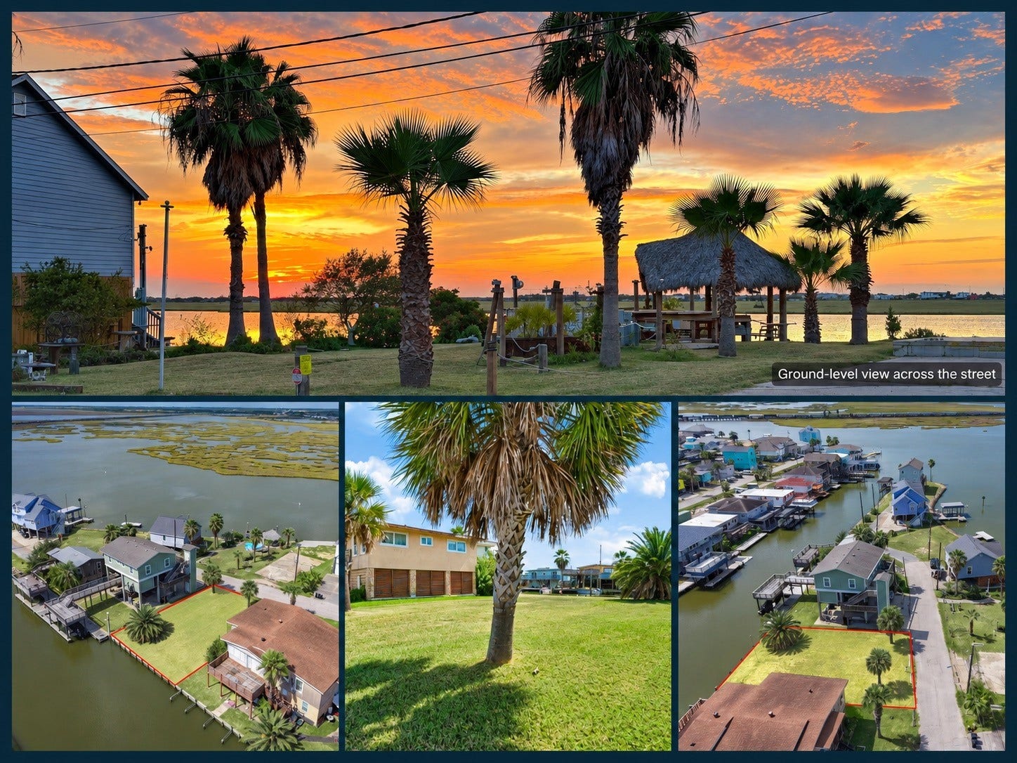 65 Lakeside Drive, Hitchcock, TX 77563 Welcome to 65 Lakeside! A cleared canal-front lot in Original Bayou Vista with the wood bulkhead already in, incredible sunset views across the street, and the marsh and open water of the Galveston Bay system just past the end of the canal. No HOA, and Airbnb rentals are allowed. Flip through for the aerials, the canal and the lot at ground level.