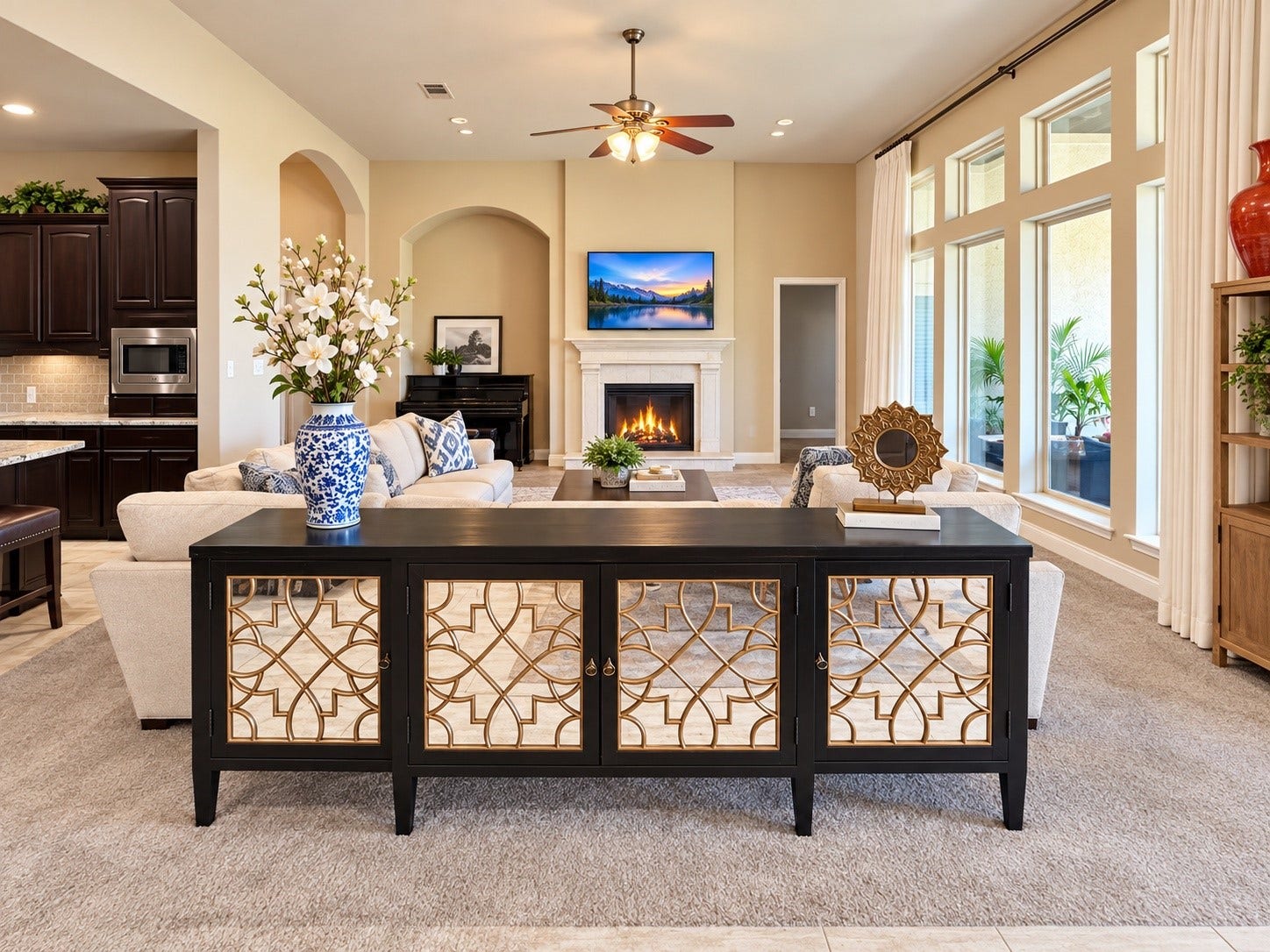 3414 Magnolia Shores Lane, Pearland, TX 77584 Bright, spacious family room with a welcoming fireplace and expansive windows overlooking the outdoor living area.
