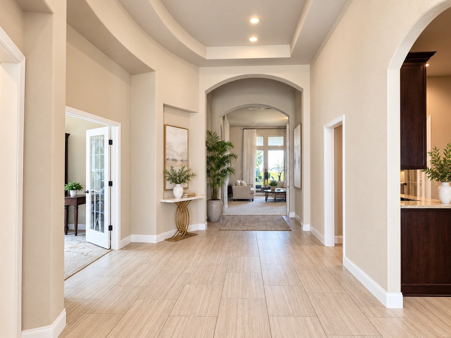 3414 Magnolia Shores Lane, Pearland, TX 77584 Elegant foyer showcasing graceful archways, a decorative ceiling design, and beautiful wood-look tile flooring.