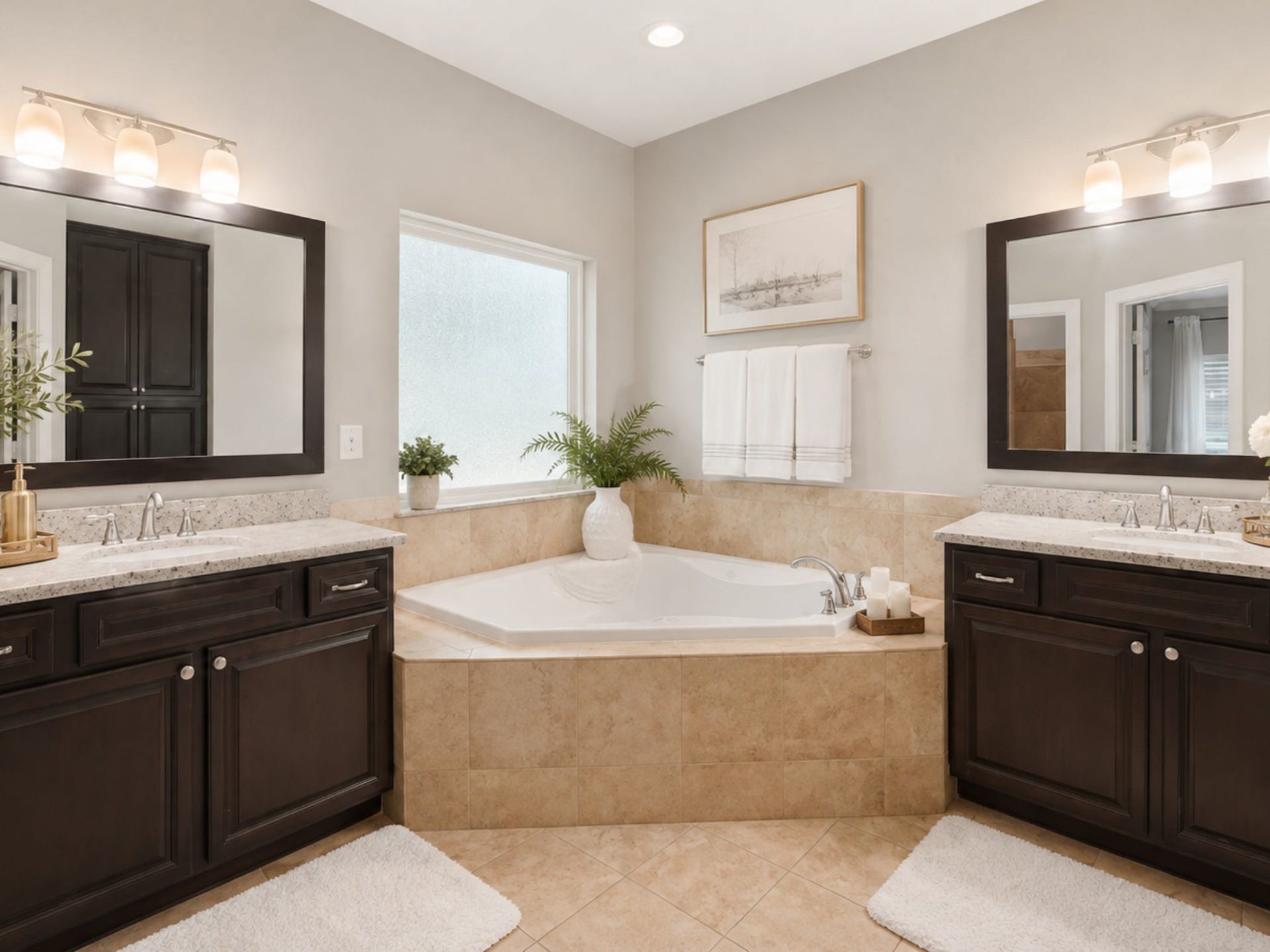 Master bathroom with dual sinks, garden tub, walk in closet, travertine walk-in shower.