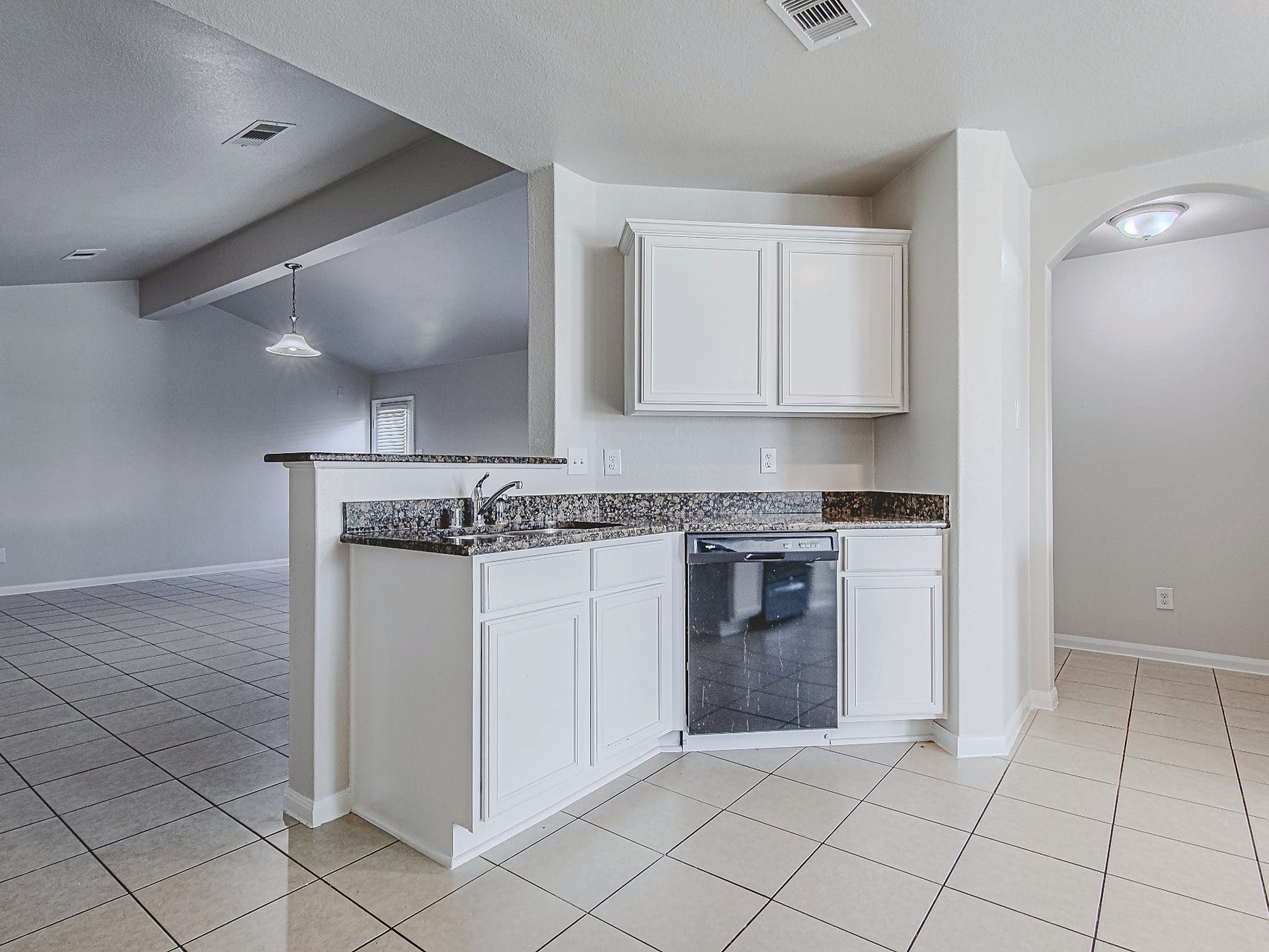 1223 Emerald Stone Drive, Rosharon, TX 77583 The kitchen peninsula provides additional counter space and a convenient connection to the living area, with a dishwasher tucked beneath the counter.