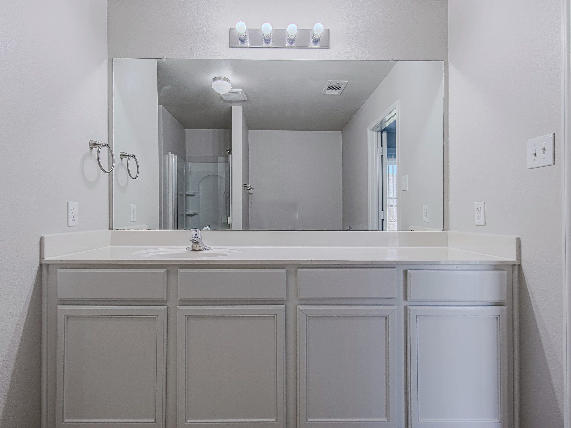 1223 Emerald Stone Drive, Rosharon, TX 77583 A closer look at the primary vanity showcases its expansive countertop, wide mirror, and storage for daily essentials.