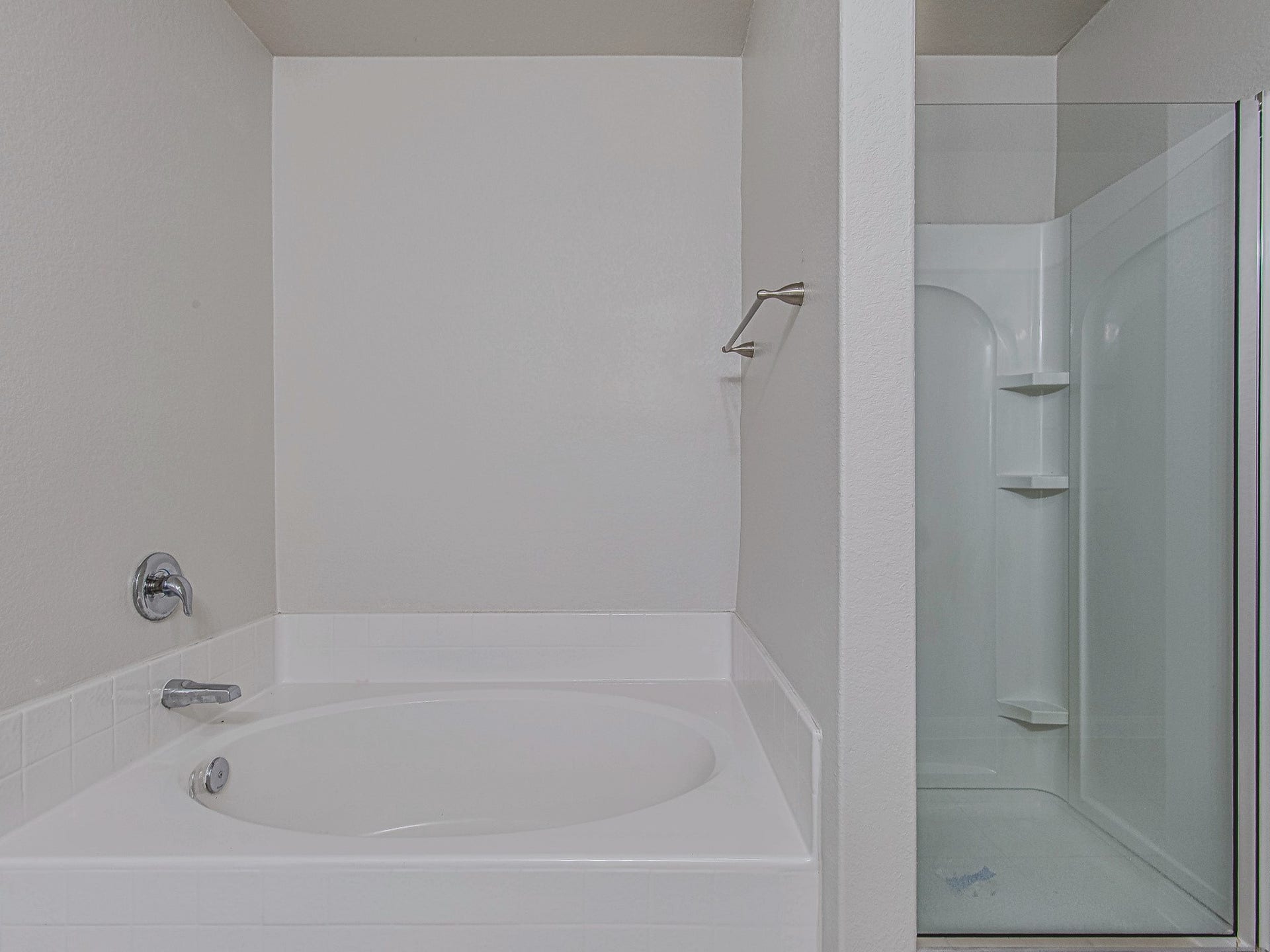 1223 Emerald Stone Drive, Rosharon, TX 77583 A soaking tub and separate glass-enclosed shower offer two options for unwinding in the primary bathroom.