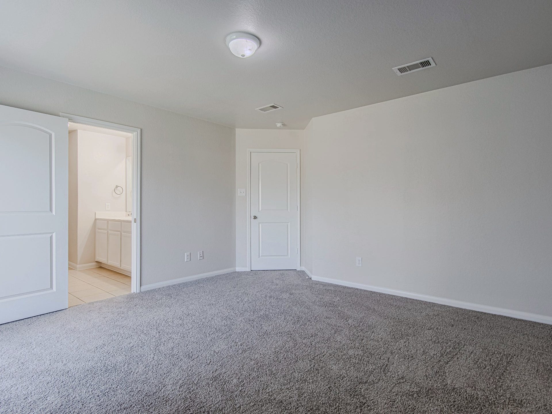 1223 Emerald Stone Drive, Rosharon, TX 77583 An alternate view of the primary bedroom highlights its neutral palette and direct access to the adjoining bathroom.