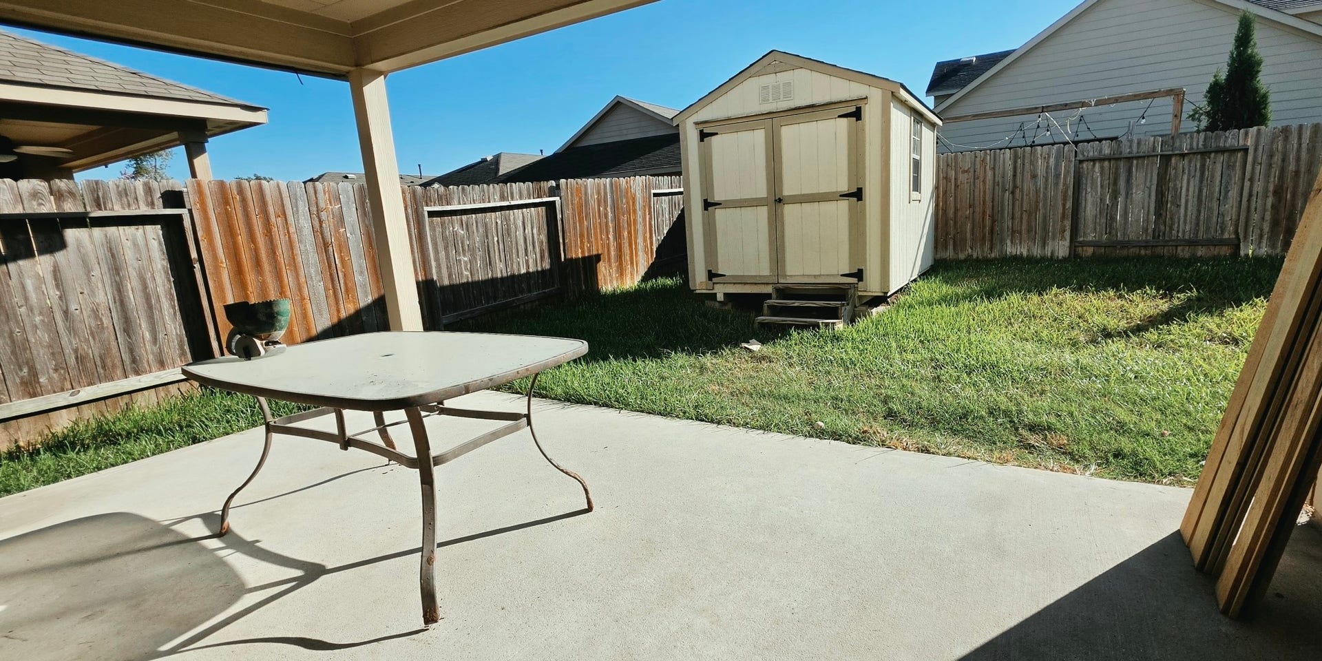 1402 Rodeo Cattle Lane, Houston, TX 77049 Storage shed in the back yard and covered back porch