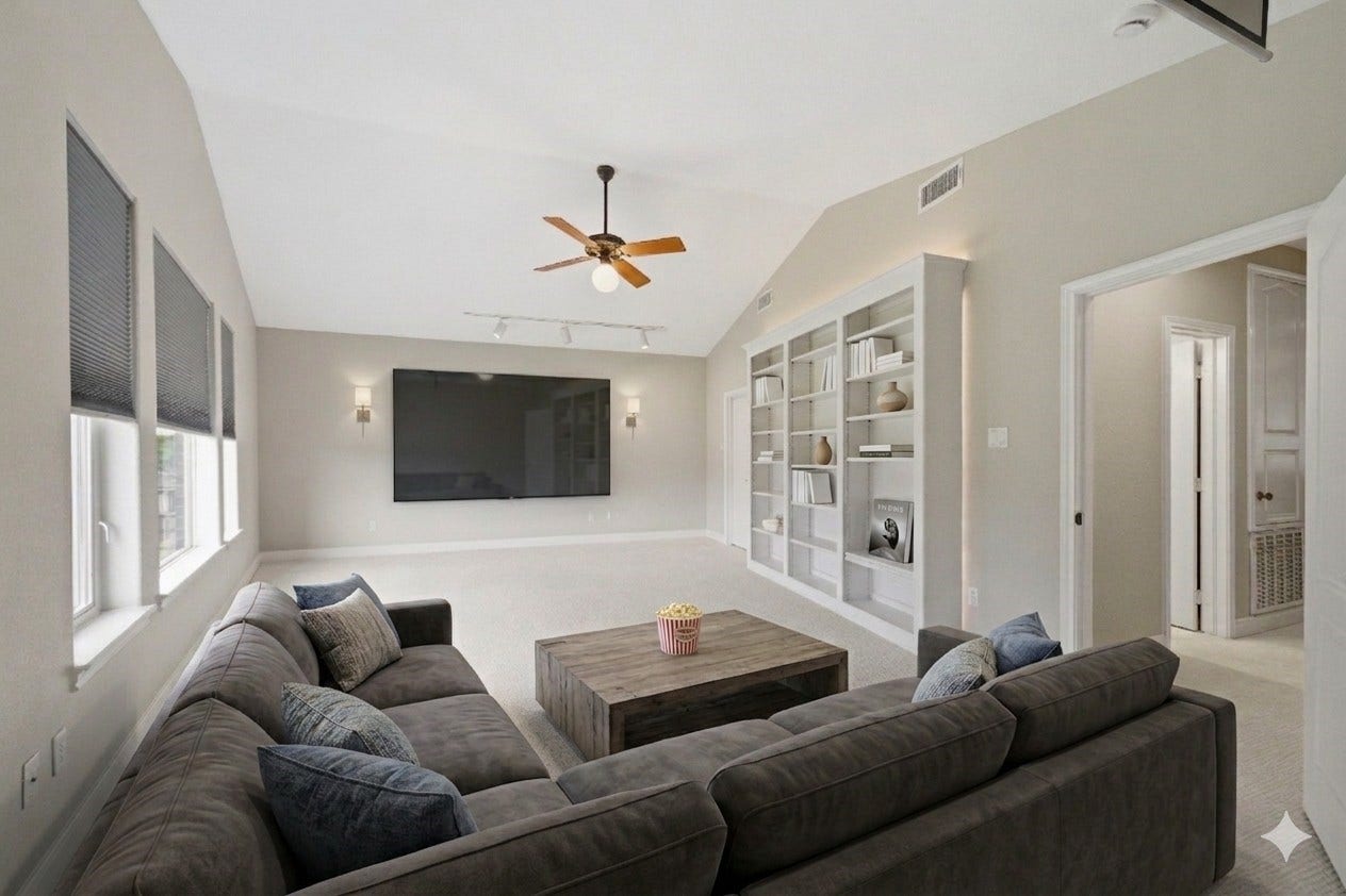 412 Live Oak Lane, Friendswood, TX 77546 4th bedroom or Game room: Massive upstairs bedroom currently staged as gameroom, highlighting the incredible flexibility of the home's second floor. *Virtually staged