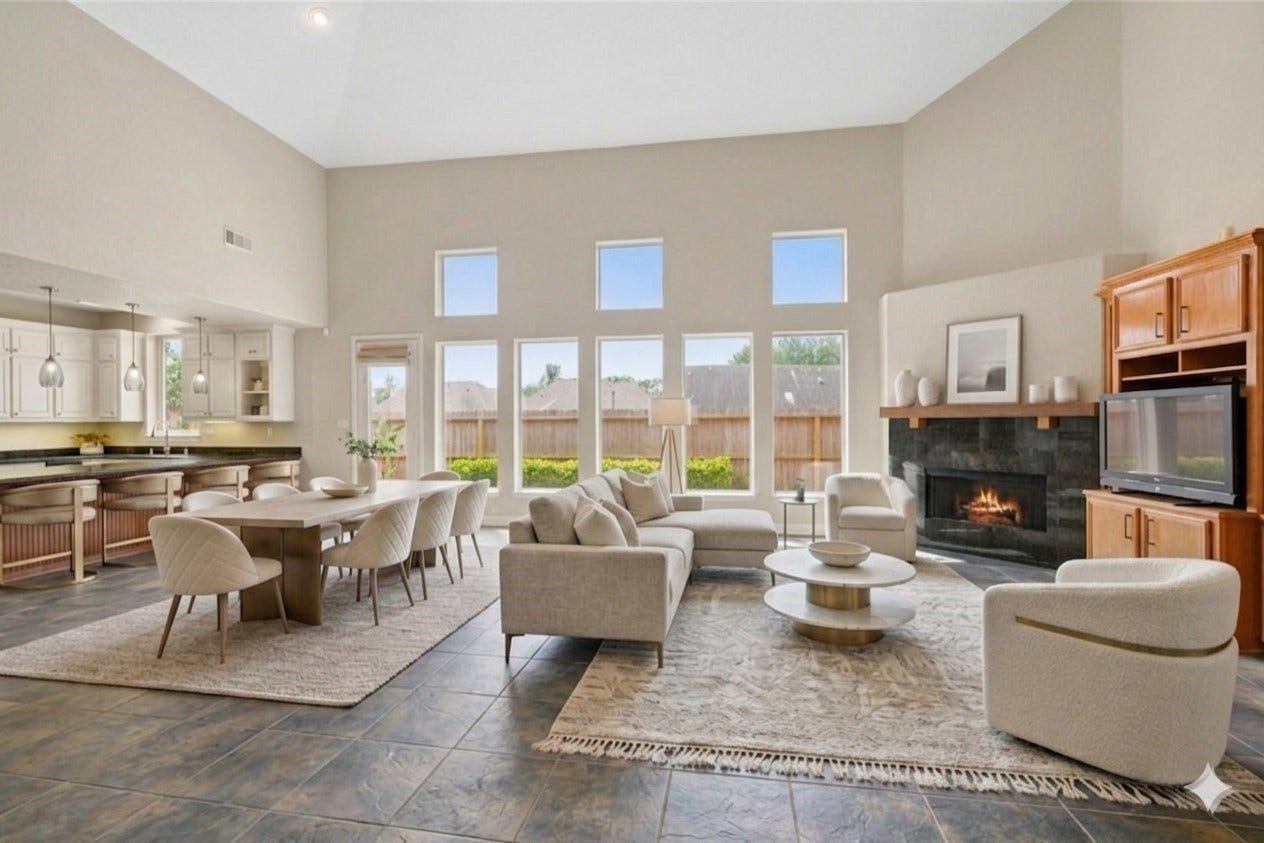 412 Live Oak Lane, Friendswood, TX 77546 Grand light filled open concept living boasts soaring double height cileings and stunning wall of windows *Virtually staged