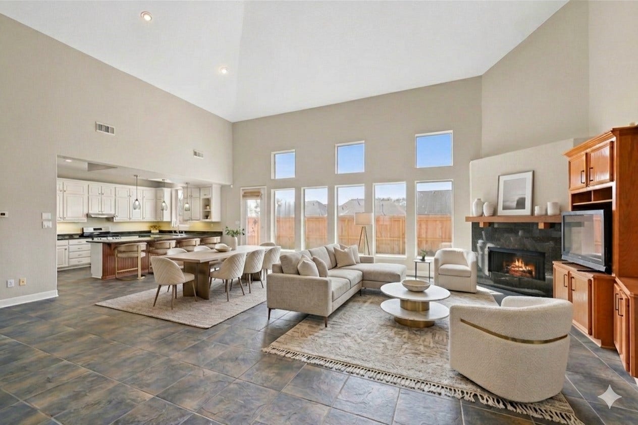 412 Live Oak Lane, Friendswood, TX 77546 Cozy fireplace and seamless flow from dining, kitchen and living. *Virtually staged
