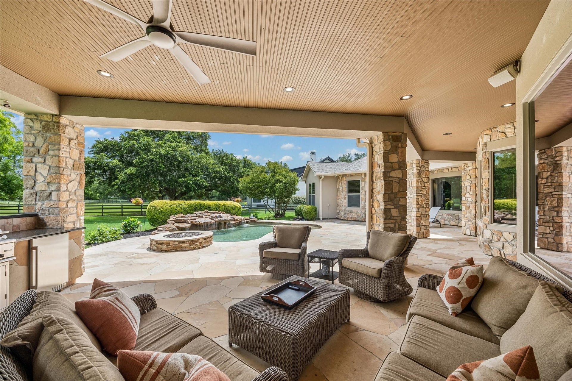 32102 Fulbrook Commons, Fulshear, TX 77441 The spacious covered patio offers ceiling fans and year-round enjoyment while overlooking the spa/pool and surrounding acreage.