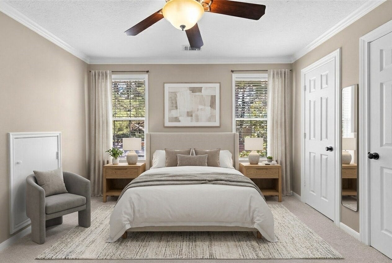 Large windows fill your upstairs bedroom with natural light while the spacious layout gives you flexibility for guests, hobbies, or a private retreat. This space has been virtually adjusted using artificial intelligence.