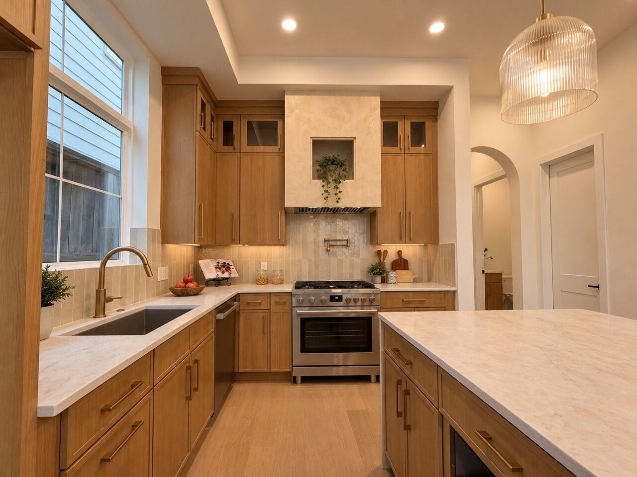 1122 Robbie Street, Houston, TX 77009 This home's kitchen comes with Taj Mahal counters, oversized island with storage on both sides, white oak slim shaker cabinetry, luxury Bosch appliances, Delta champagne bronze fixtures, and white oak wood flooring. (Range hood now has waterproofed Venetian plaster and is enclosed - photo was take prior to this).
