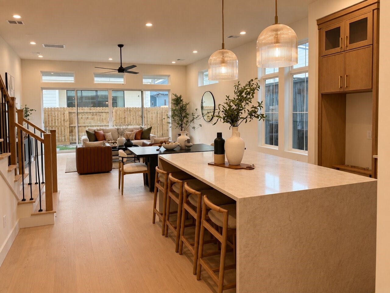 1122 Robbie Street, Houston, TX 77009 This home's kitchen comes with Taj Mahal counters, oversized island with storage on both sides, white oak slim shaker cabinetry, luxury Bosch appliances, Delta champagne bronze fixtures, and white oak wood flooring.