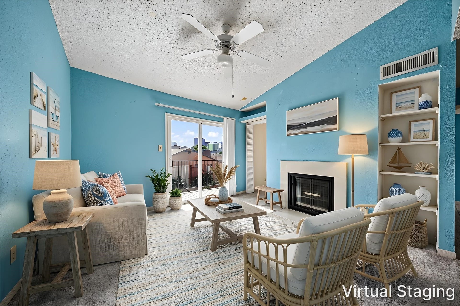 Cozy yet bright living space with built in book shelves [virtual staged]