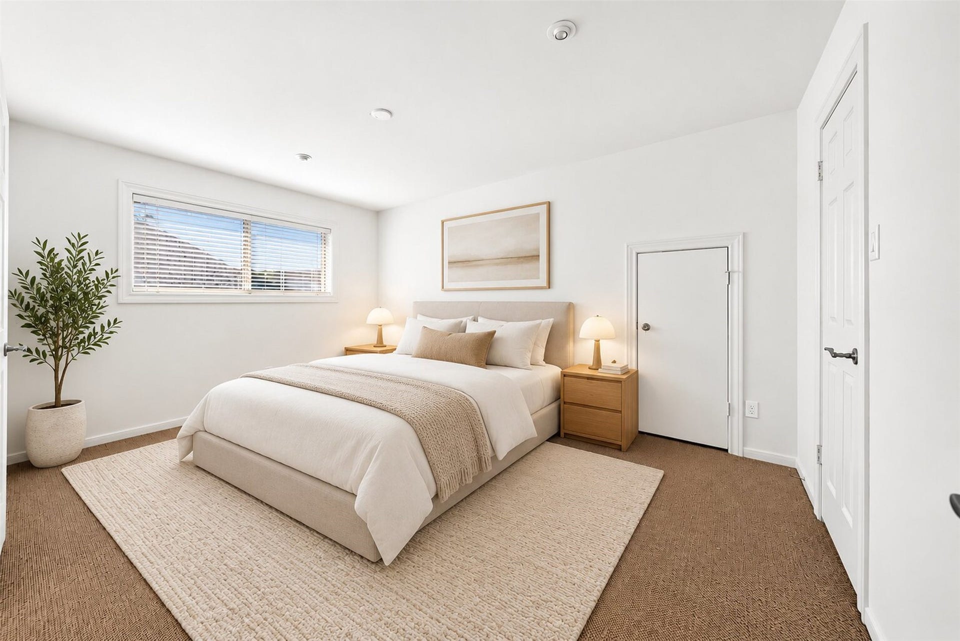 Virtually staged secondary bedroom with a wide window and a neutral bedroom arrangement.