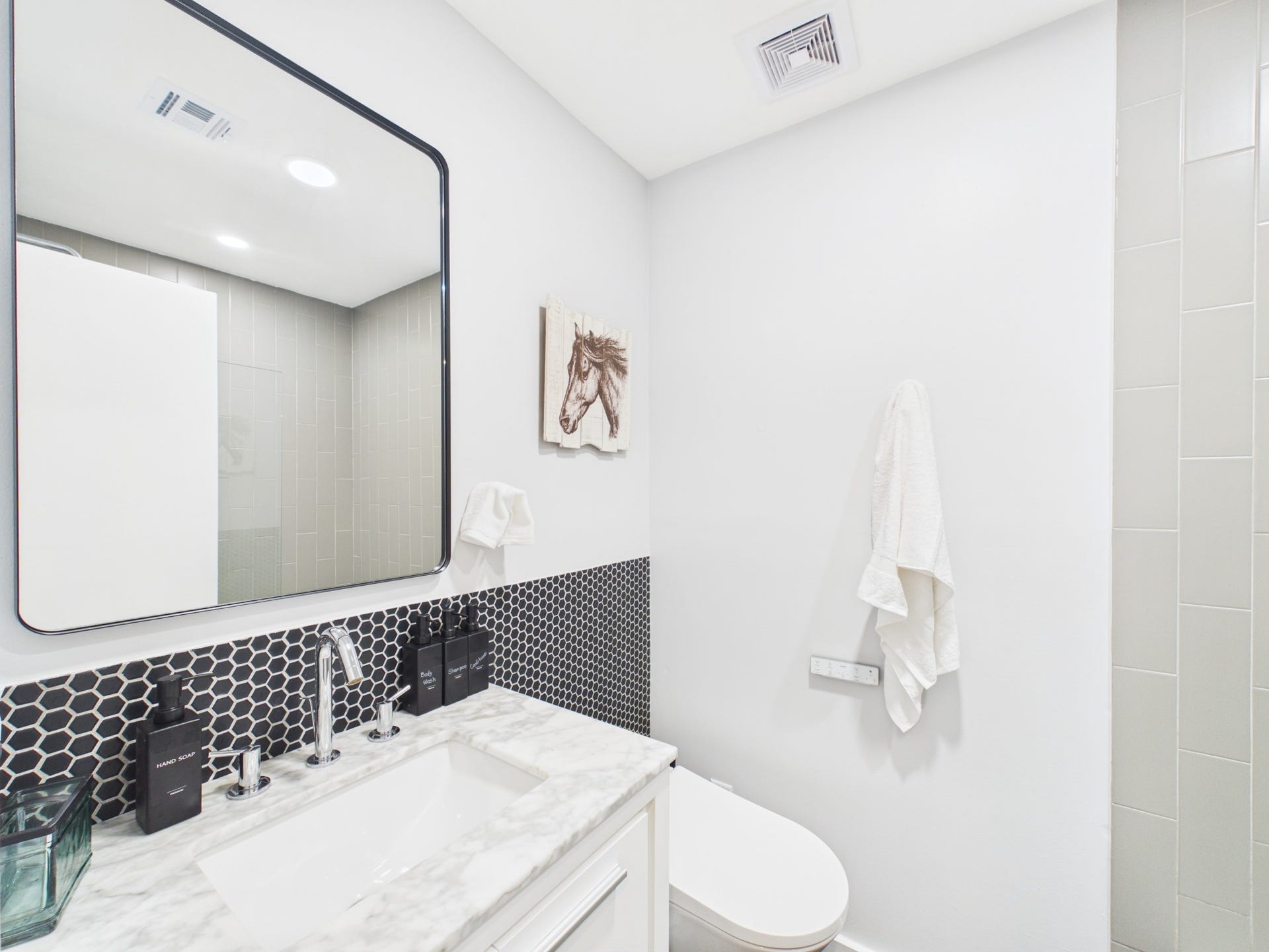 Modern Bath with Hexagonal Wall to Floor Tile with Smart Toilet w/Bidet