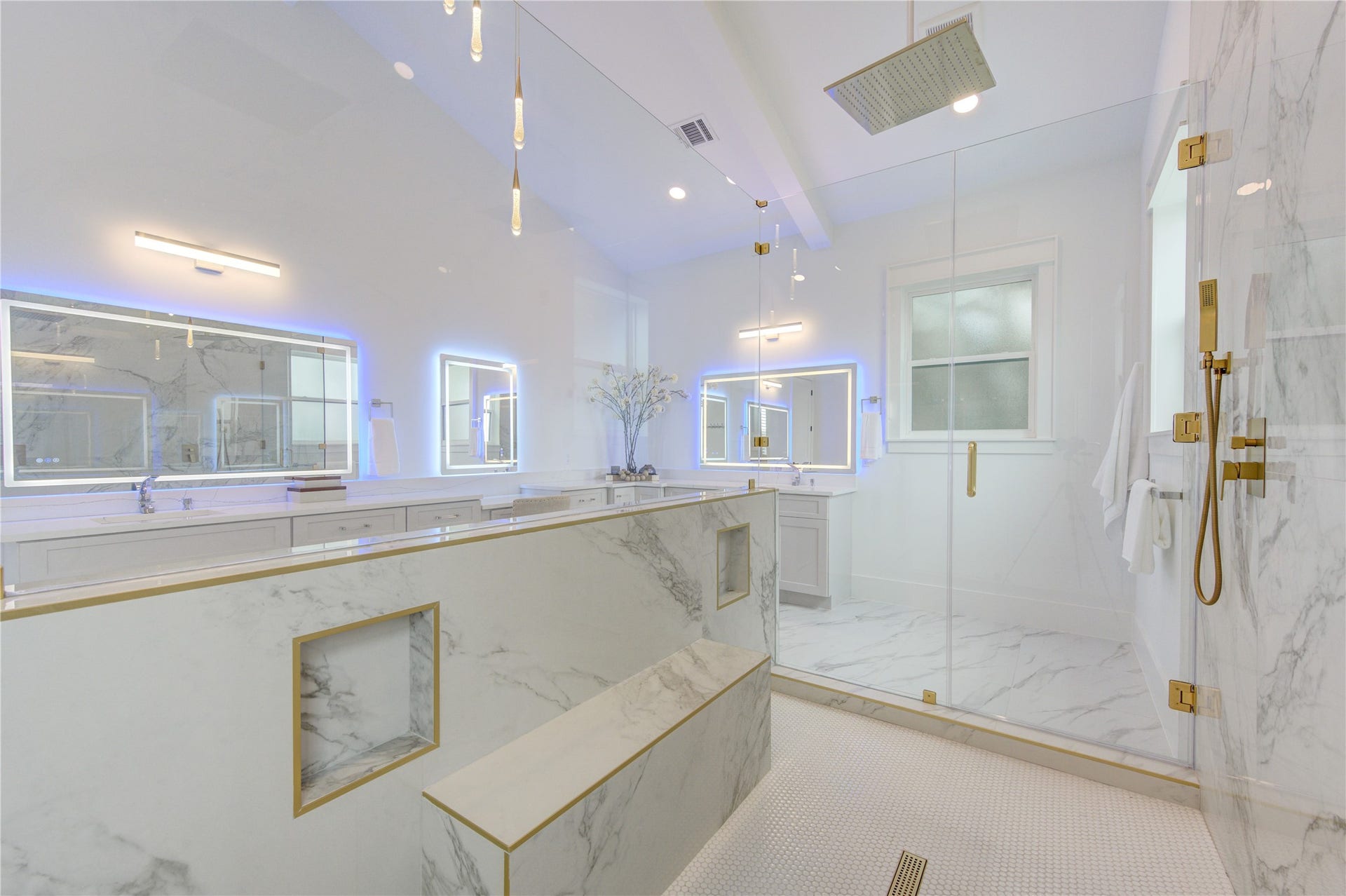 Everything comes in double, Dbl Waterfall Shower heads, Dbl handhelds, Dbl shower doors, double accessories, etc.