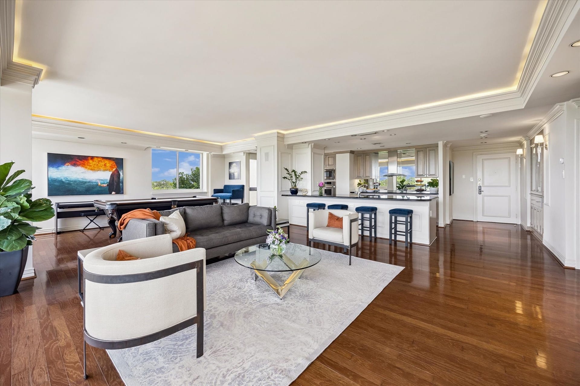49 Briar Hollow Lane, #702, Houston, TX 77027 Open kitchen to living and dining spaces.