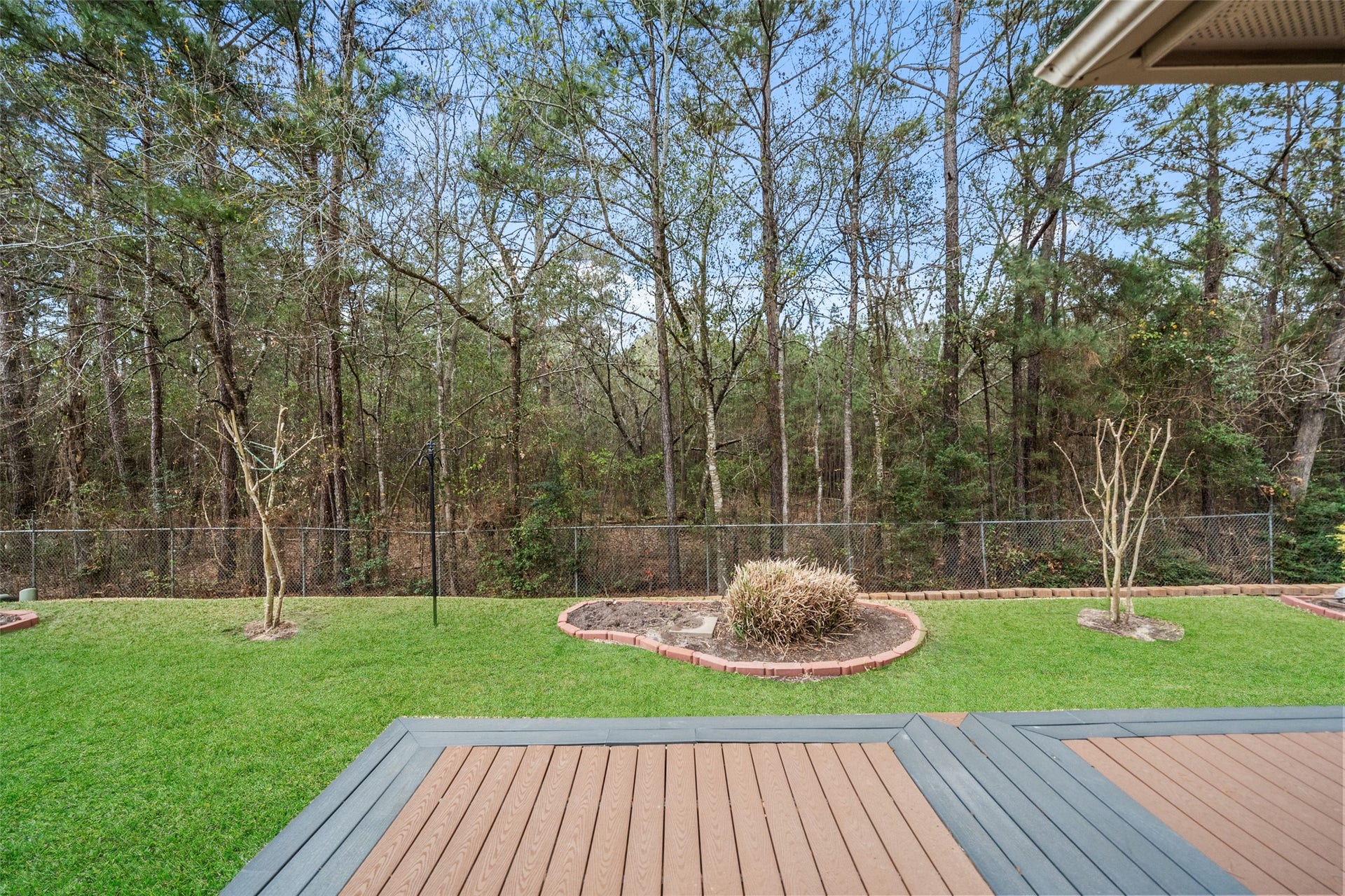 901 Longmire Road, #28, Conroe, TX 77304 Spacious backyard with a well-maintained lawn, an extended deck, and a backdrop of lush trees, providing a serene and private outdoor space.