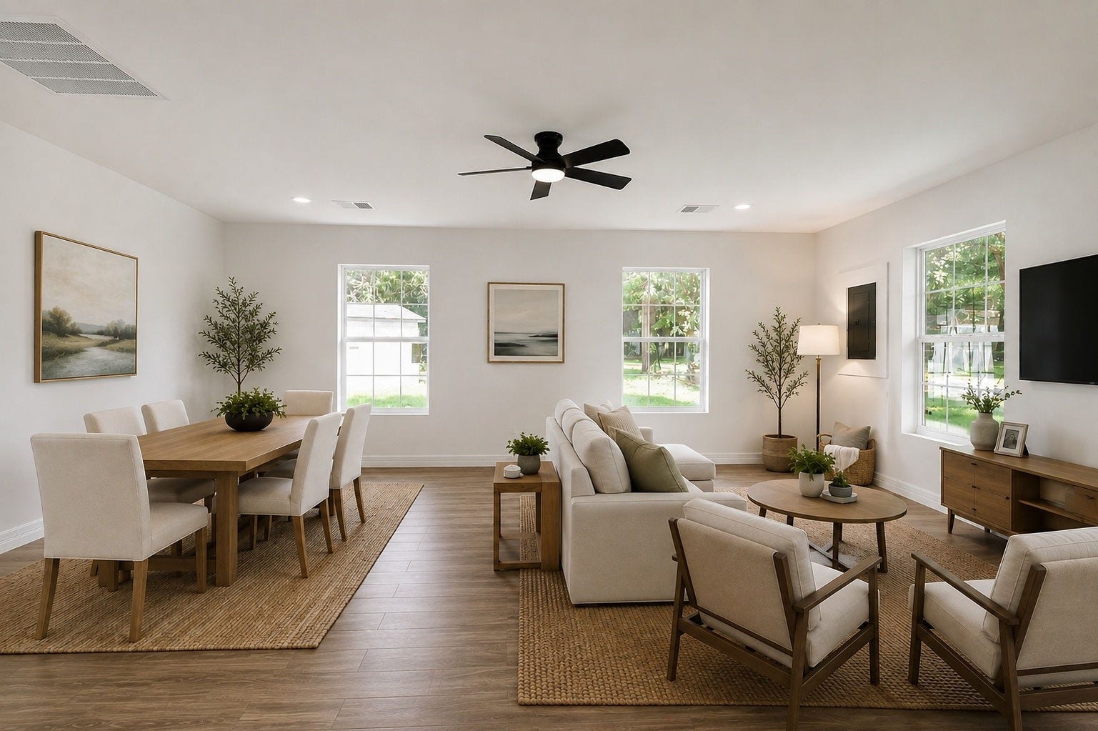 1332 Montgomery Street, La Marque, TX 77568 Virtual Staged Living Room, and Dining Area.