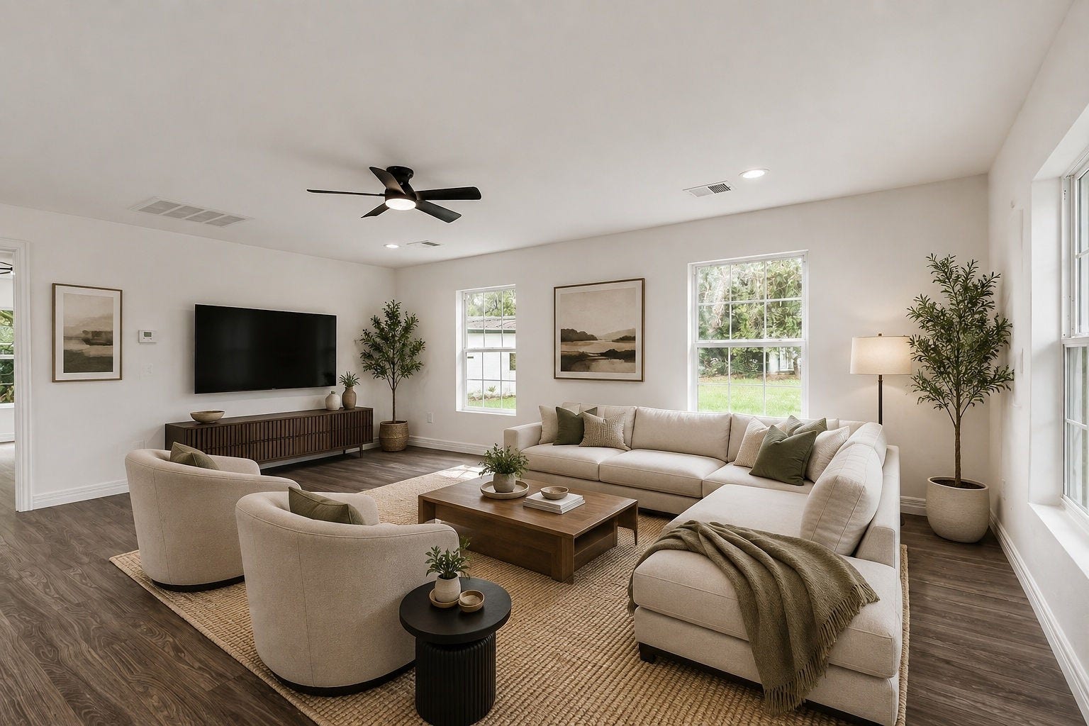 1332 Montgomery Street, La Marque, TX 77568 Virtual Staged Living Room, and Dining Area.