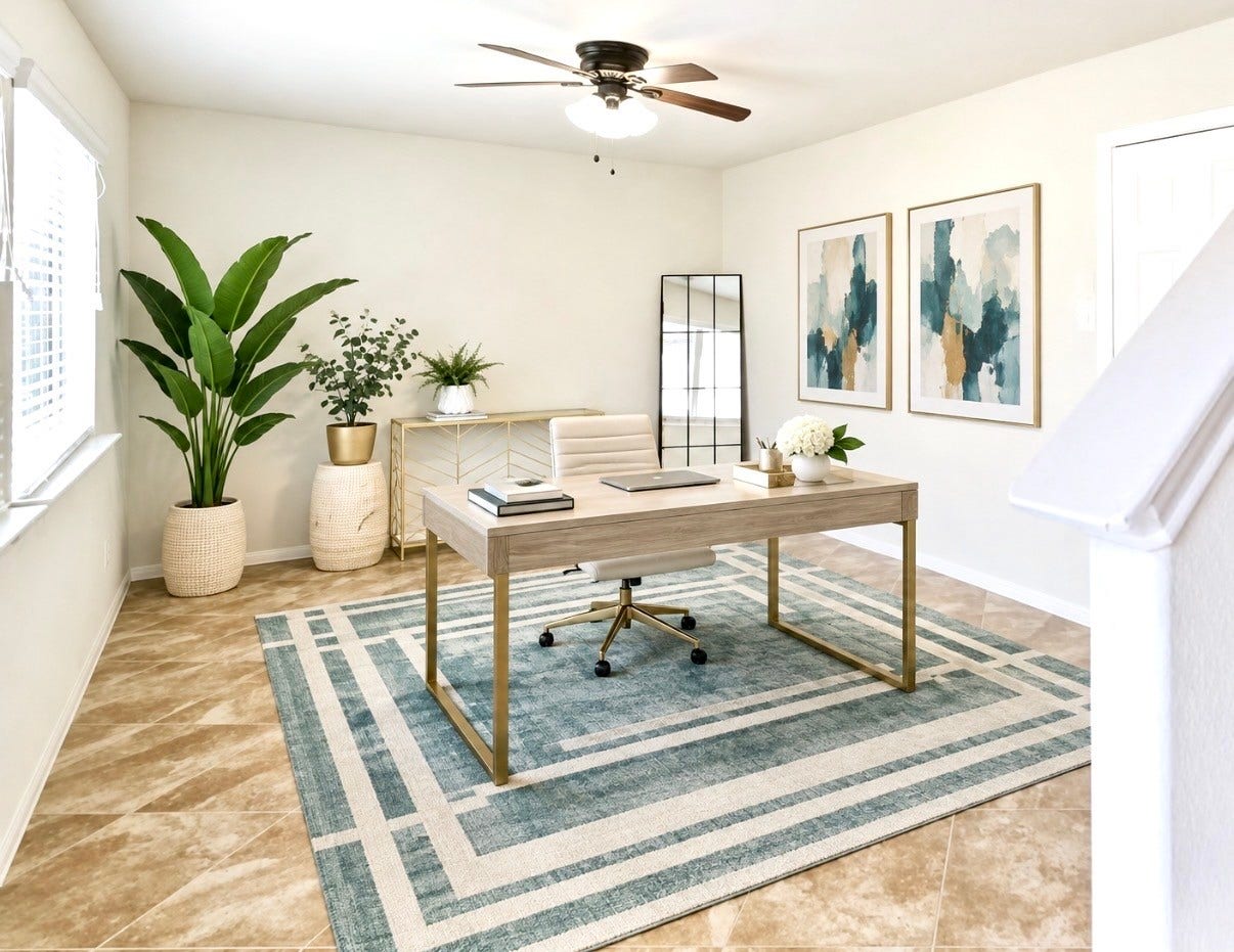 6363 Fairdale Lane, #L, Houston, TX 77057 Large and versatile 1st-floor flex-space (VIRTUALLY staged as an office). This large room has a ceiling fan, thermostat, and access to both the FULL backyard and to the 2-car garage.