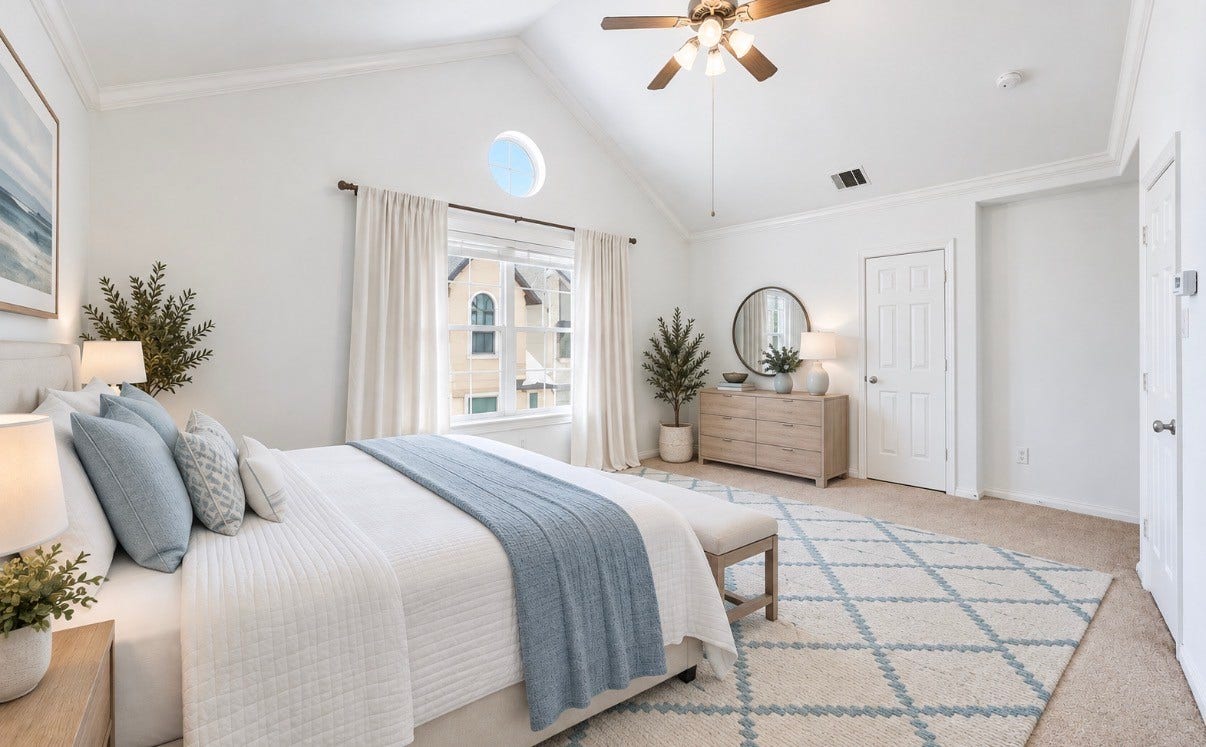 6363 Fairdale Lane, #L, Houston, TX 77057 Generous-sized Primary suite (VIRTUALLY-staged) on the 3rd floor has TWO walk-in closets, a brand NEW energy-efficient window, ceiling fan, digital thermostat, crown molding, vaulted ceilings, and an expansive en-suite bath.