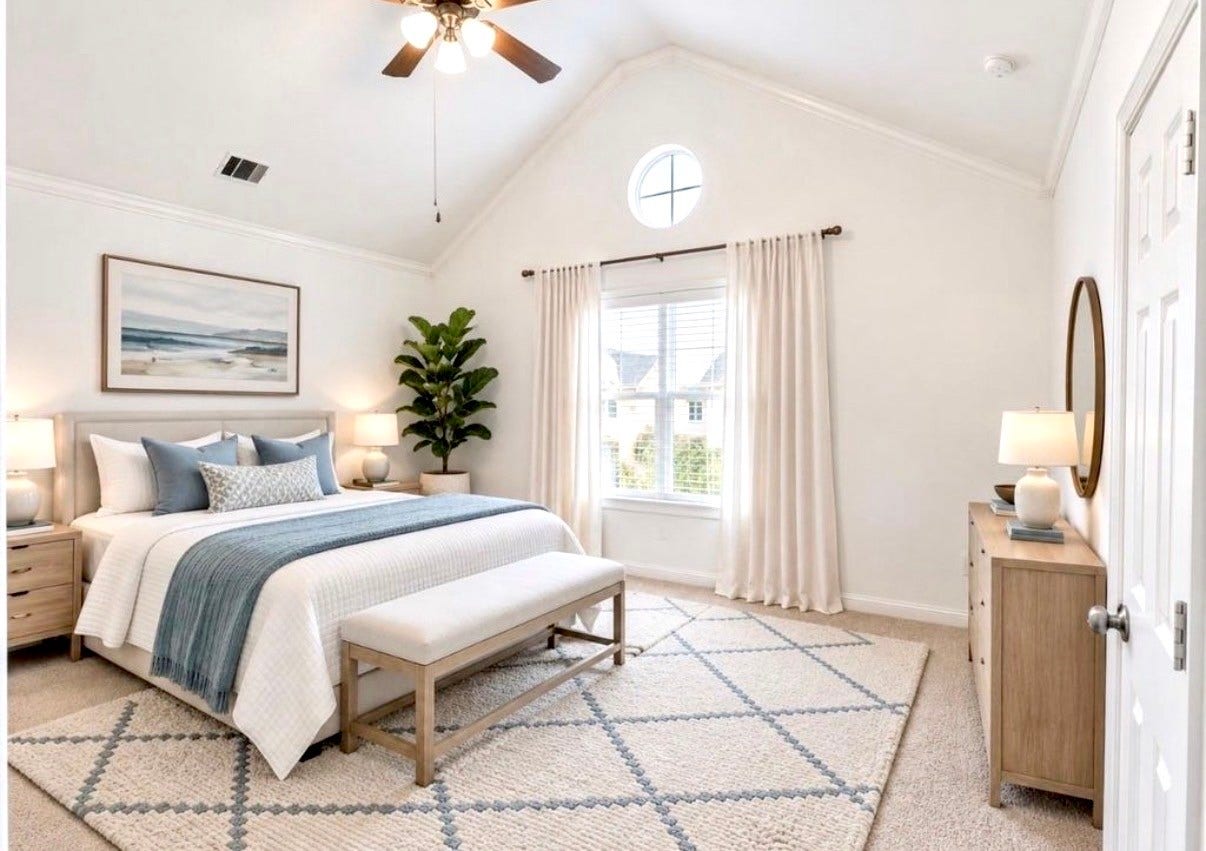 6363 Fairdale Lane, #L, Houston, TX 77057 Generous-sized Primary suite (VIRTUALLY-staged) on the 3rd floor has TWO walk-in closets, a brand NEW energy-efficient window, ceiling fan, digital thermostat, crown molding, vaulted ceilings, and an expansive en-suite bath.