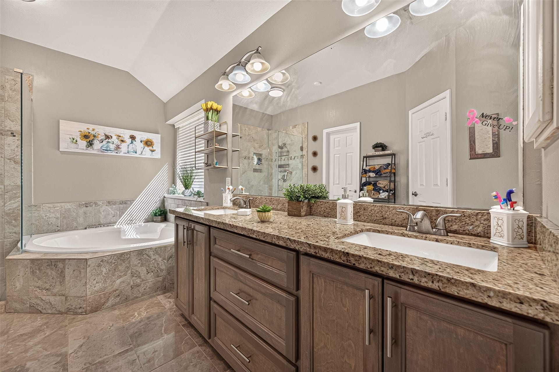 1615 Glacier Blue Drive, Fresno, TX 77545 Spacious bathroom featuring a luxurious soaking tub, elegant granite countertops, dual sinks, and stylish wood cabinetry, complemented by tasteful decor and ample natural light.