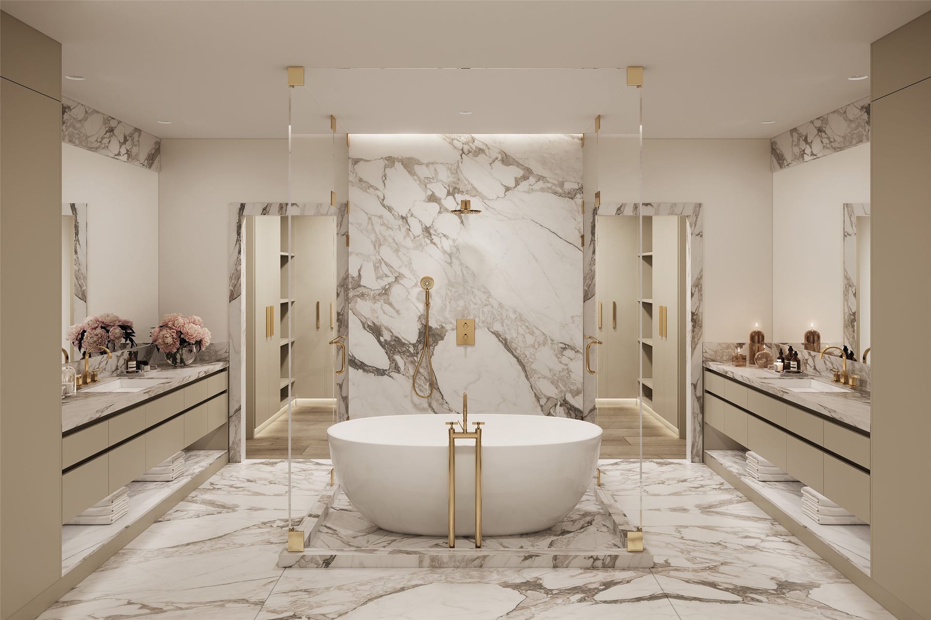 Indulge in the epitome of luxury with this elegantly designed bathroom, featuring exquisite stone finishes