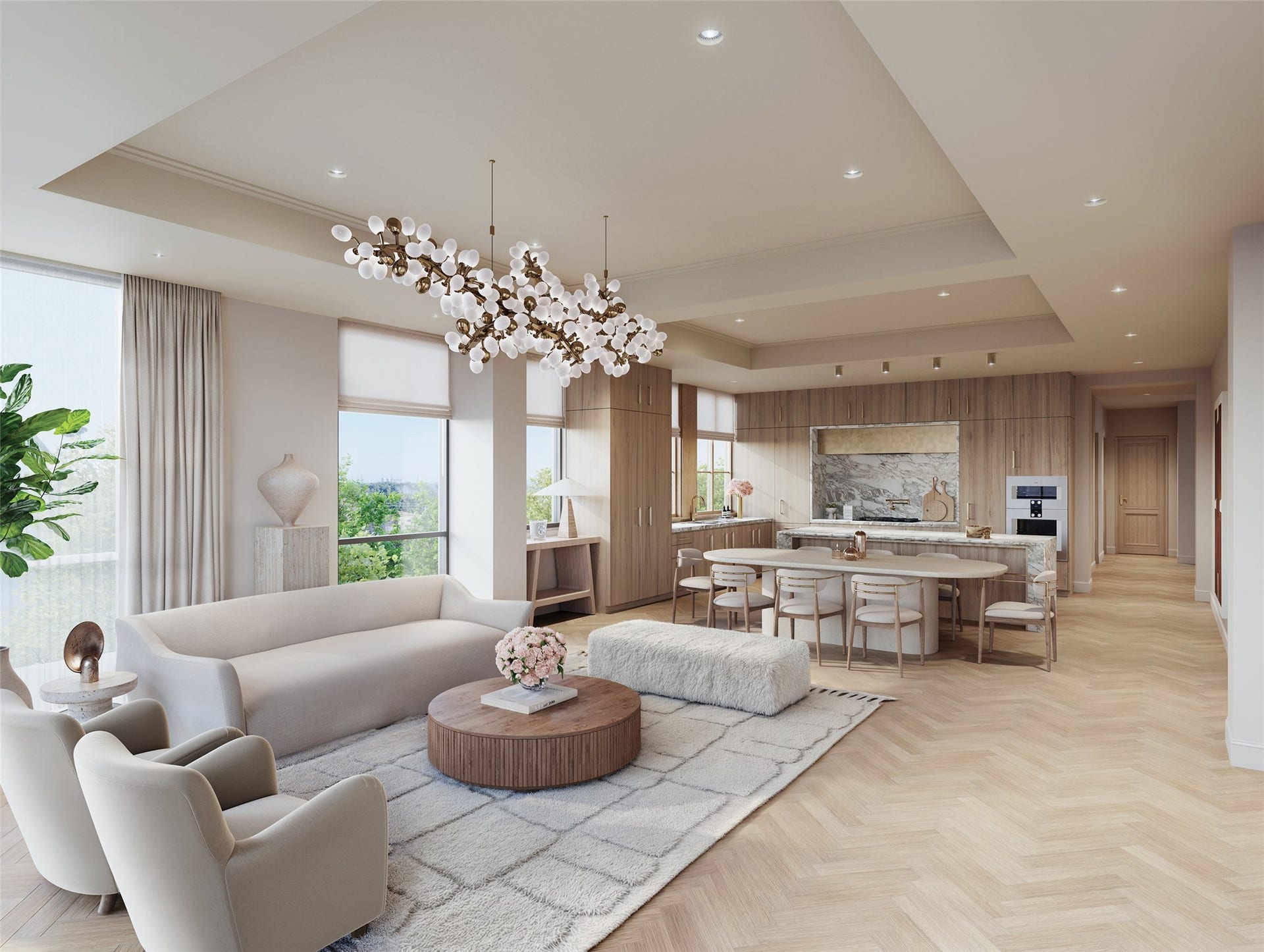 Experience luxury living with soaring 12-13 foot ceilings in this elegant penthouse, showcasing a seamless blend of spaciousness and style
