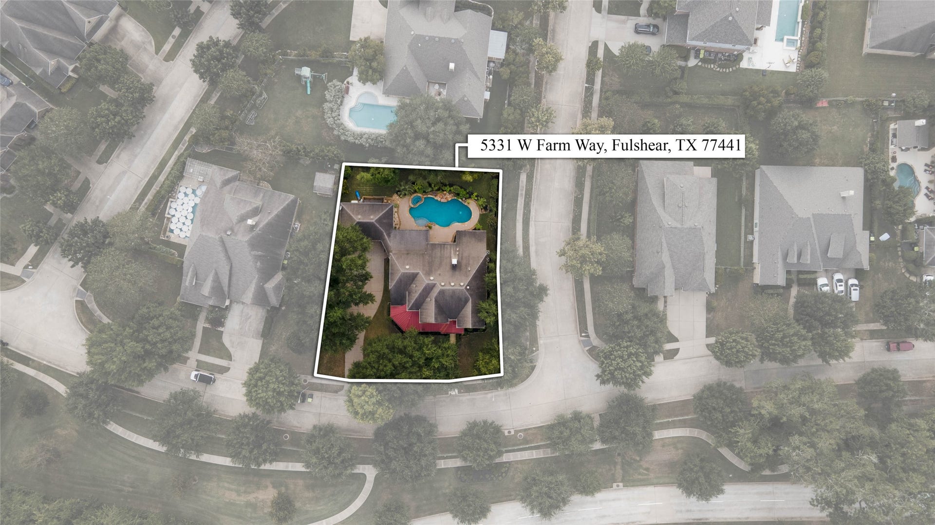 5331 W Farm Way, Fulshear, TX 77441 This aerial view highlights the property's prime corner lot setting, shaded by mature trees, with convenient sidewalk access throughout the neighborhood.