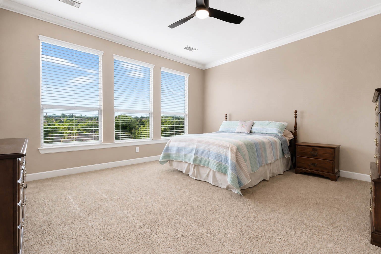 5331 W Farm Way, Fulshear, TX 77441 This spacious primary bedroom offers plush carpet, crown molding, and three large windows overlooking the yard, complemented by decorator paint and a ceiling fan.