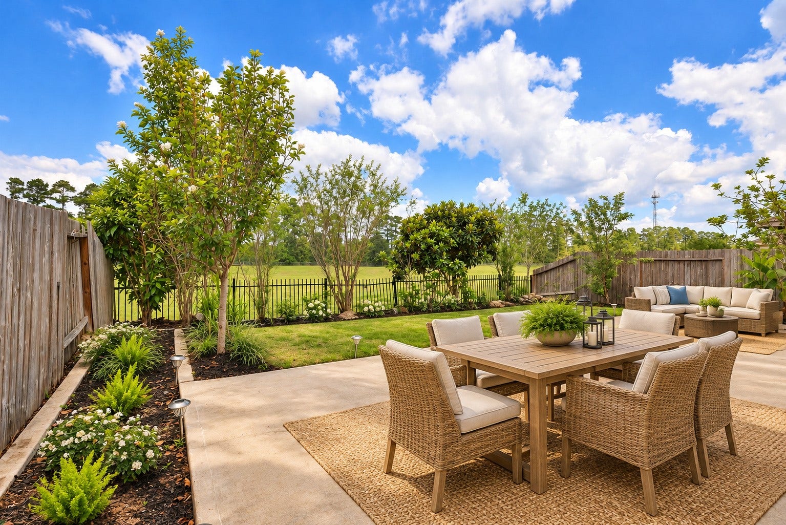 9979 Chimney Swift Lane, Conroe, TX 77385 Back patio virtually staged view of back.