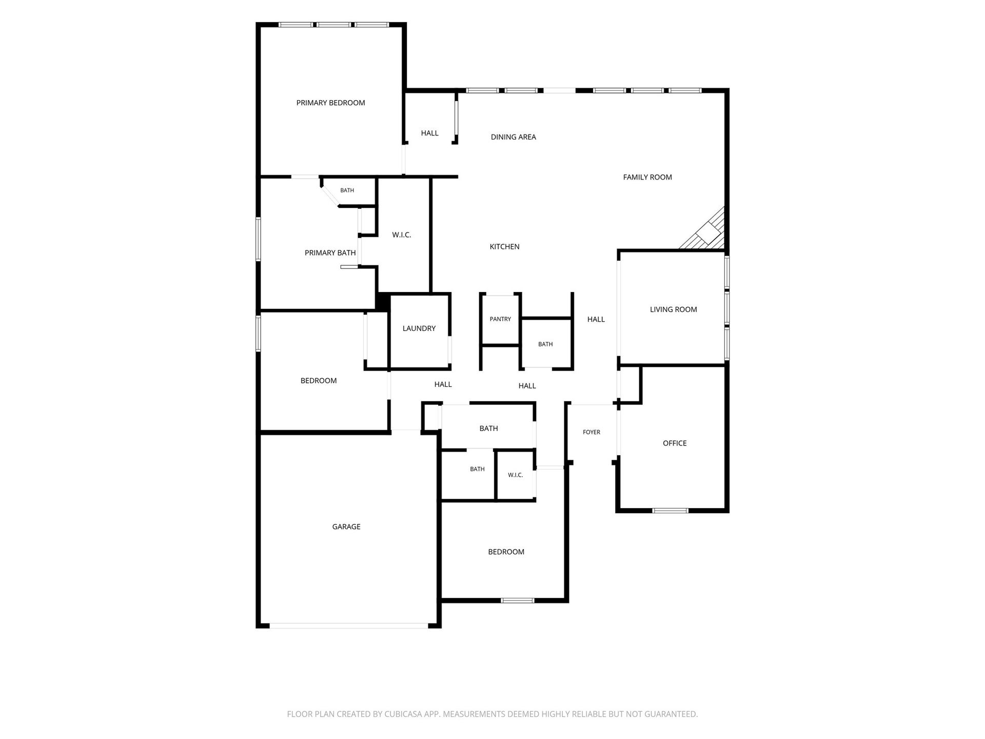 Floor plan provides a convenient single-story layout with three bedrooms, a home office, and multiple living and dining spaces.