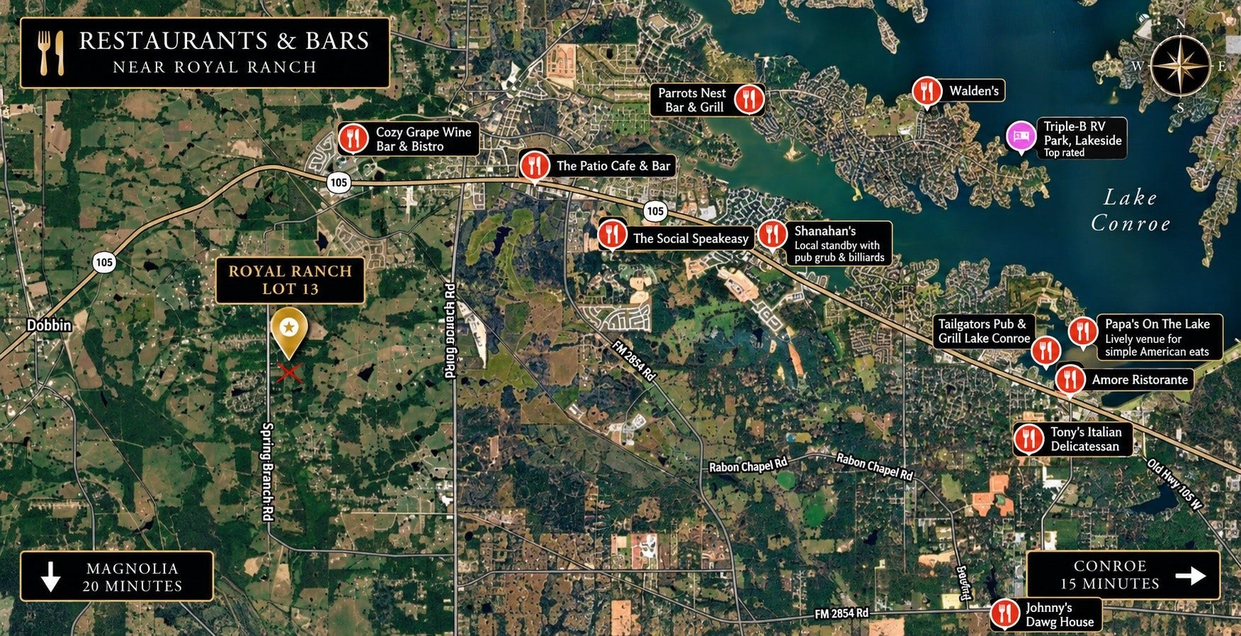 Lot 13 Spring Branch Rd, Montgomery, TX 77316 Local Restaurants and Bars. Location pins may slightly vary. This is just a small sample of available options.