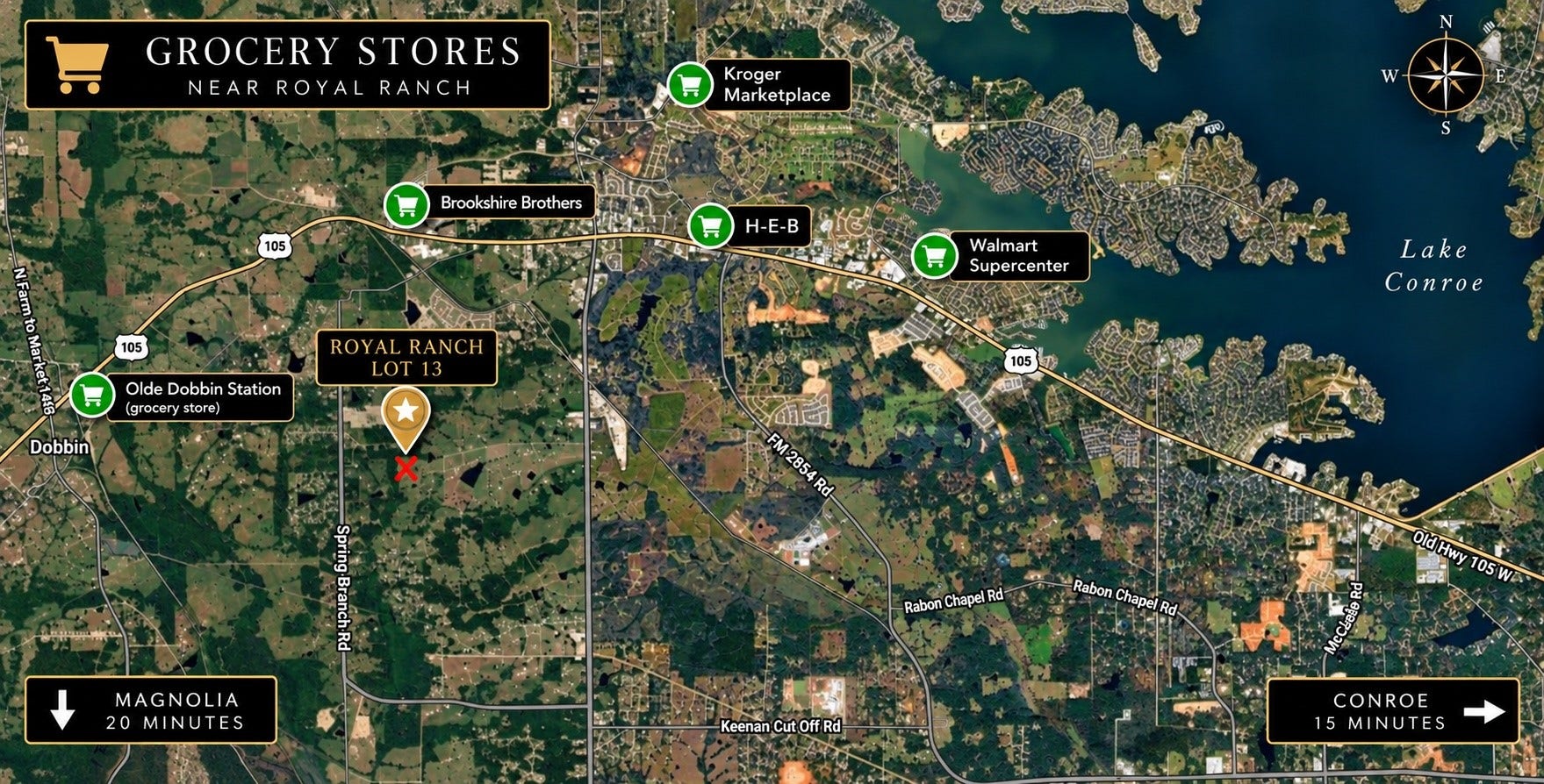 Lot 13 Spring Branch Rd, Montgomery, TX 77316 Local Grocery Stores. Location pins may slightly vary.