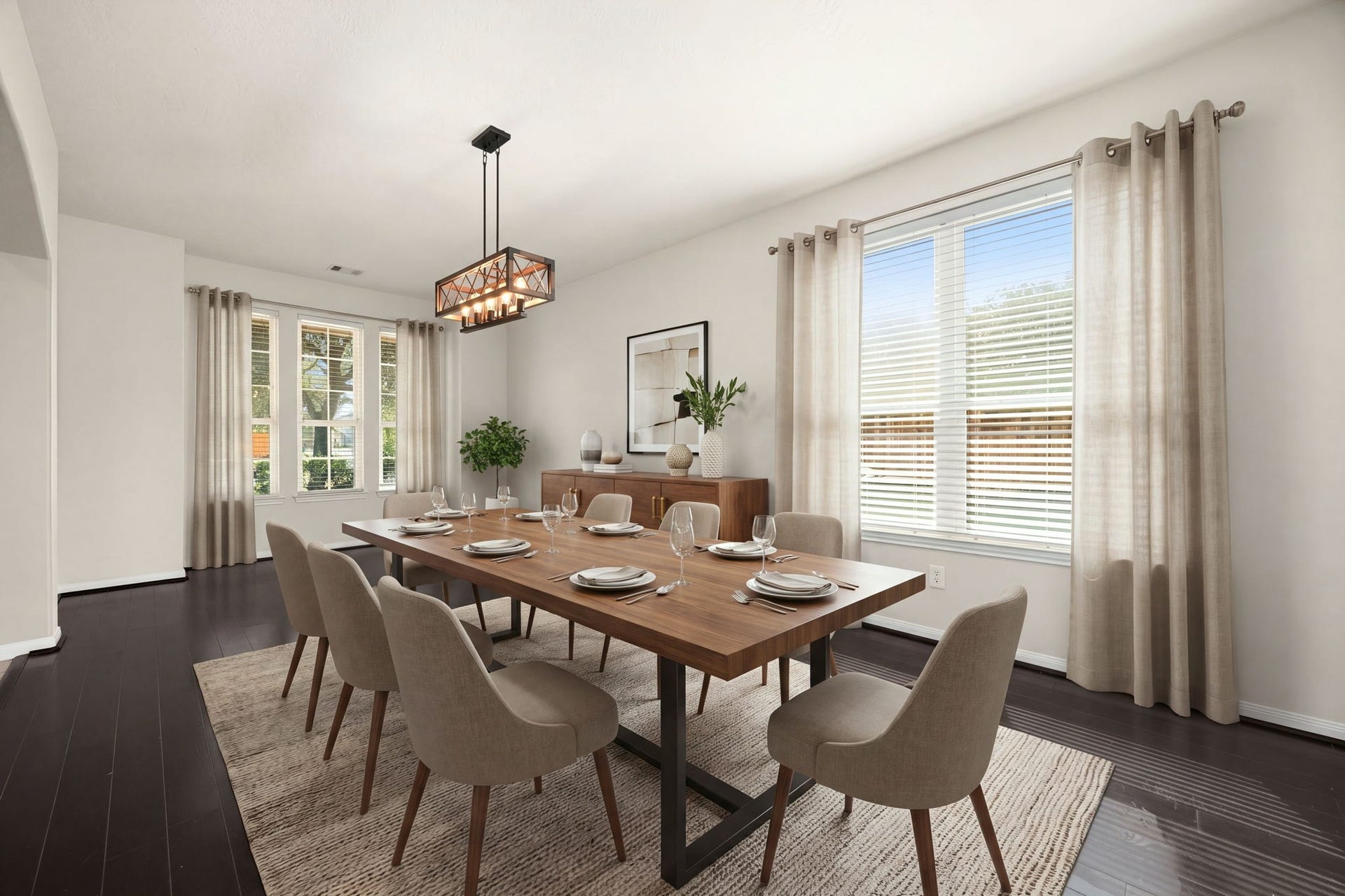 The elegant formal dining room is a sophisticated space designed for seamless entertaining and memorable gatherings. Anchored by gorgeous dark hardwood flooring, the room features an abundance of natural light streaming through multiple large windows and is centered around a striking modern industrial statement chandelier. *Virtually Staged