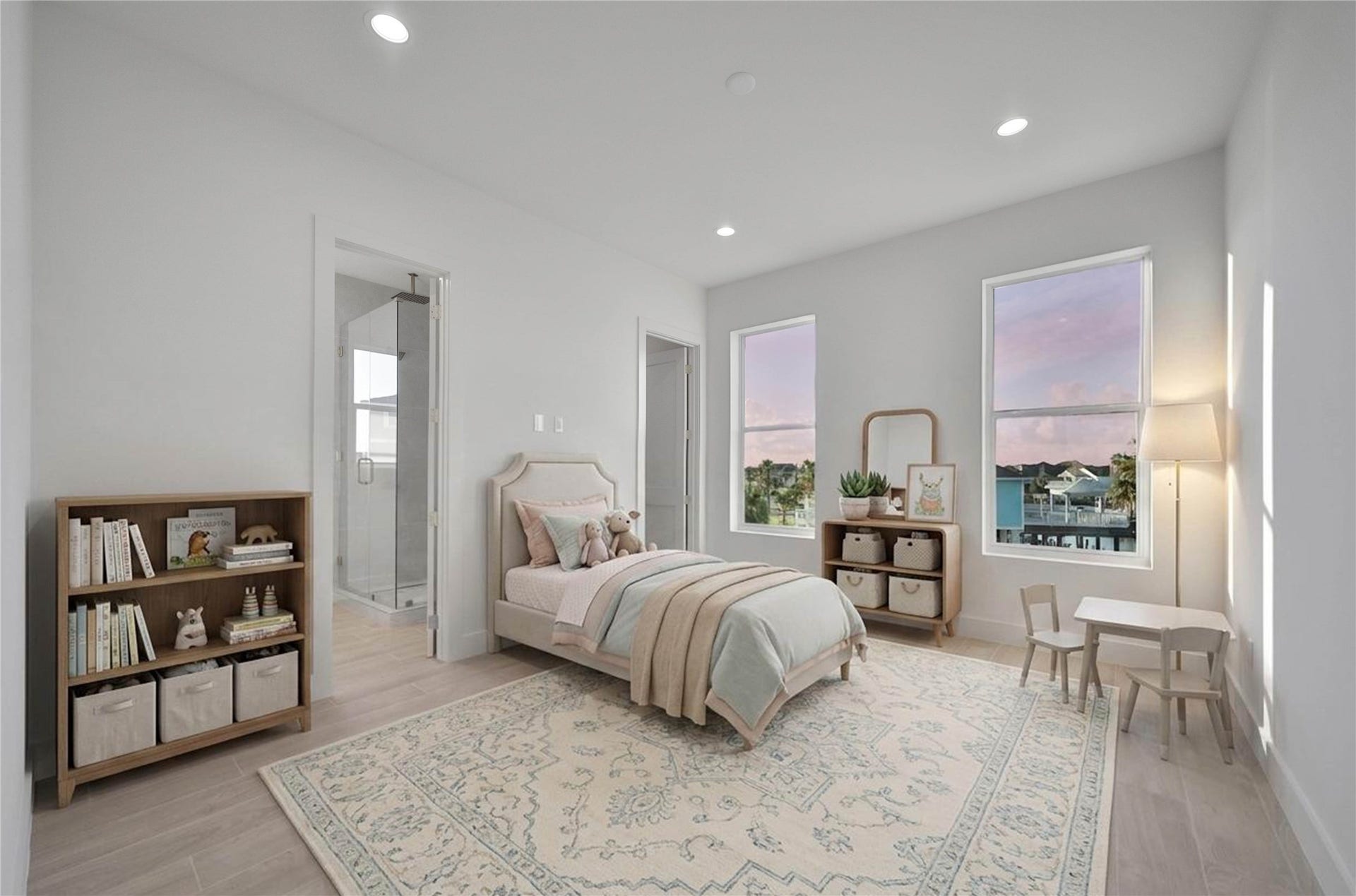 243 Bamaku Bend, Tiki Island, TX 77554 One of Four spacious secondary bedrooms offering light floors, high ceilings, recessed lighting, en suite and beautiful views. *virtually staged*