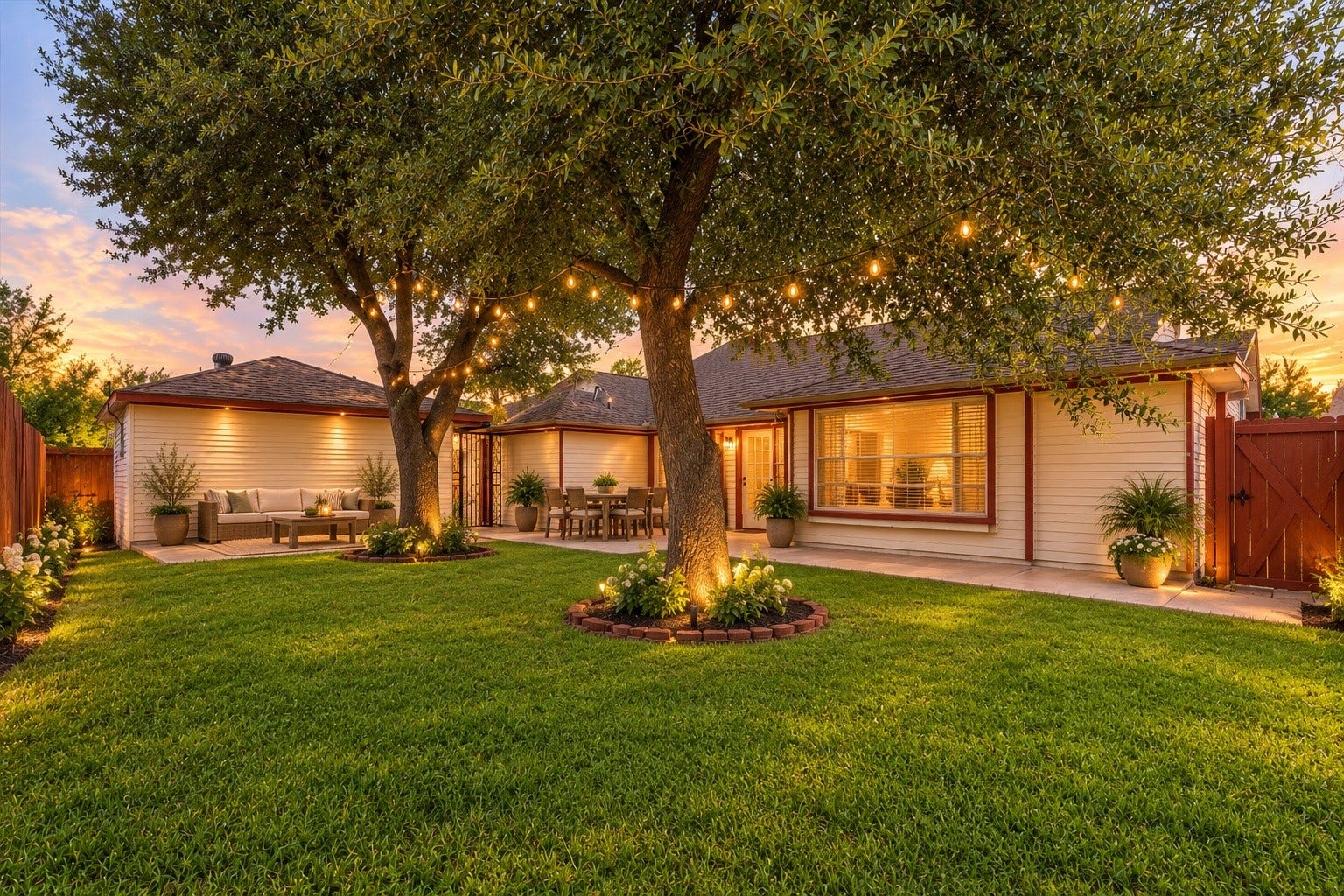 2503 Moss Hill Drive, Houston, TX 77080 Experience serene evenings in this beautifully landscaped backyard, featuring lush green lawns, mature trees, and charming string lights. Perfect for outdoor entertaining with a cozy patio and ample seating. (Virtual Staging)