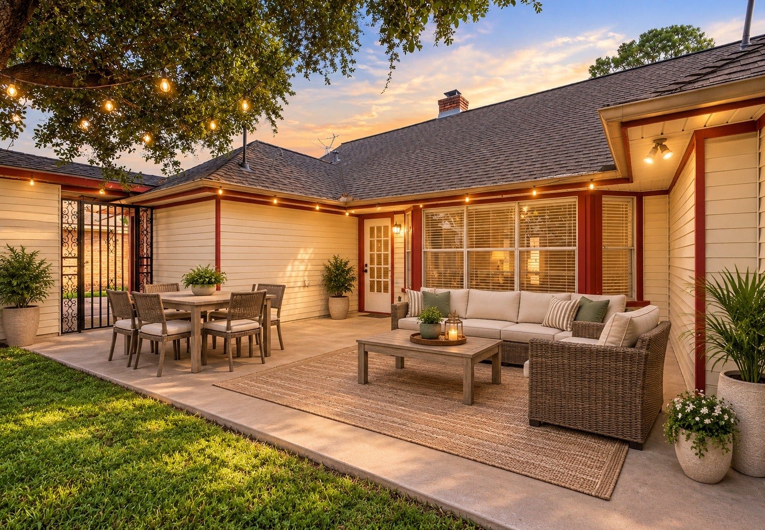 2503 Moss Hill Drive, Houston, TX 77080 Charming backyard patio featuring cozy seating, a dining area, and warm string lights, perfect for entertaining and relaxing under the stars. (Virtual Staging)