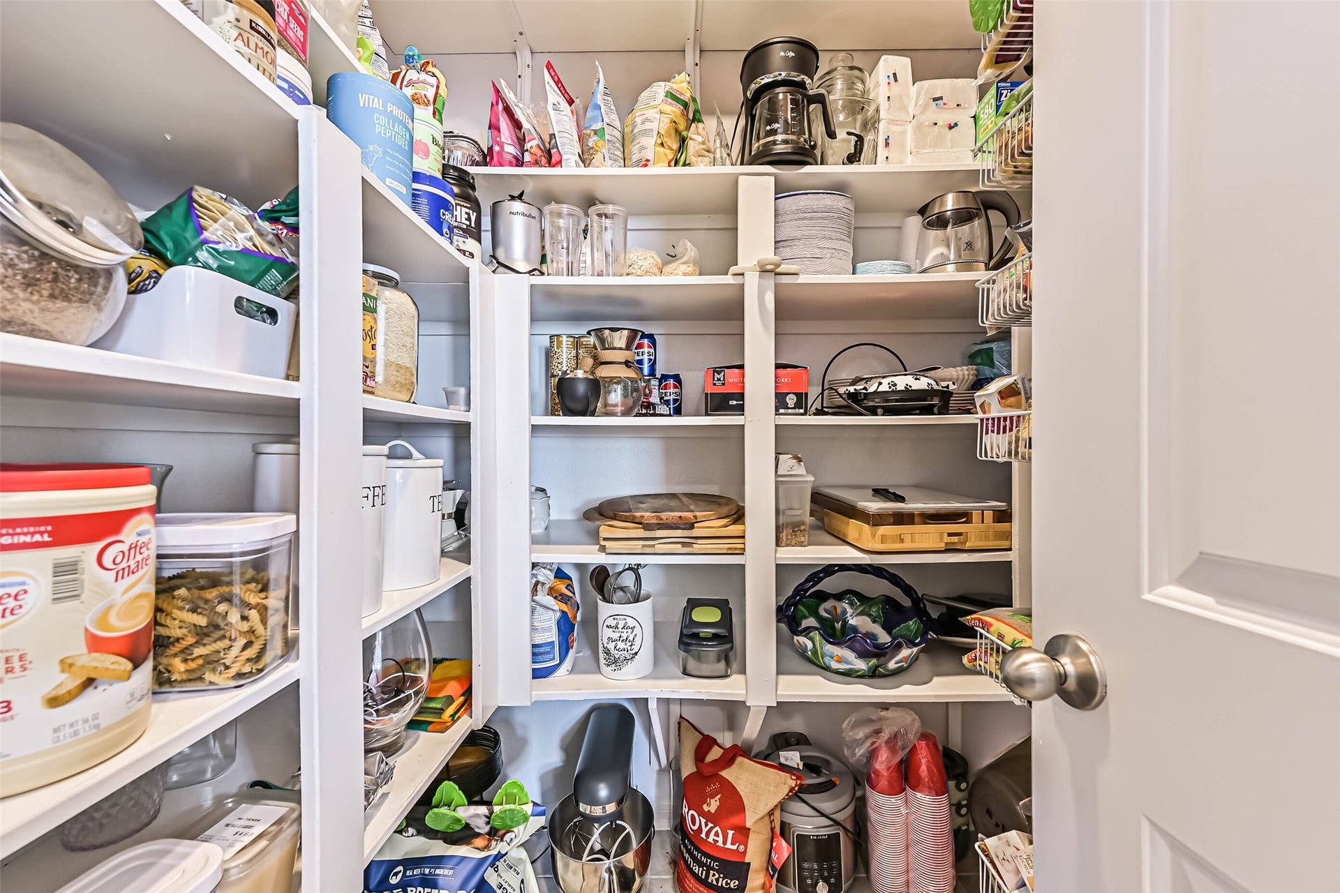 12527 Jetty Cove Drive, Texas City, TX 77568 Generously sized walk-in pantry with multiple shelves, providing excellent storage for groceries, small appliances, and kitchen essentials.