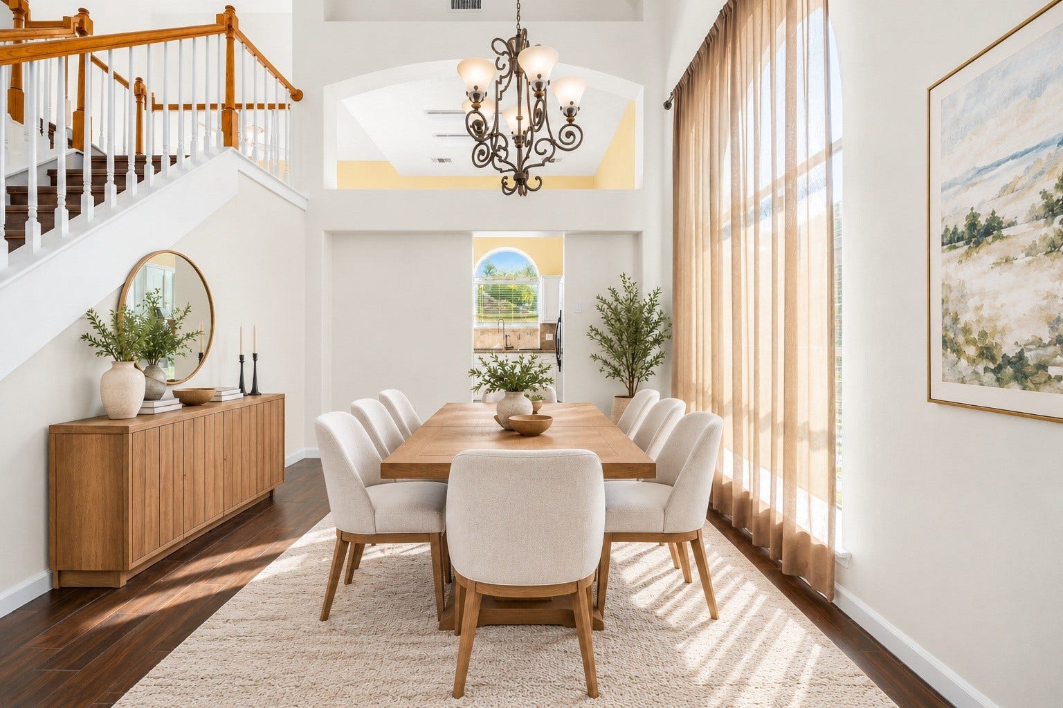 6306 Pago Lane, Houston, TX 77041 The formal dining area is framed by an elegant chandelier and tall windows, offering a sophisticated space for gatherings. Virtually staged.