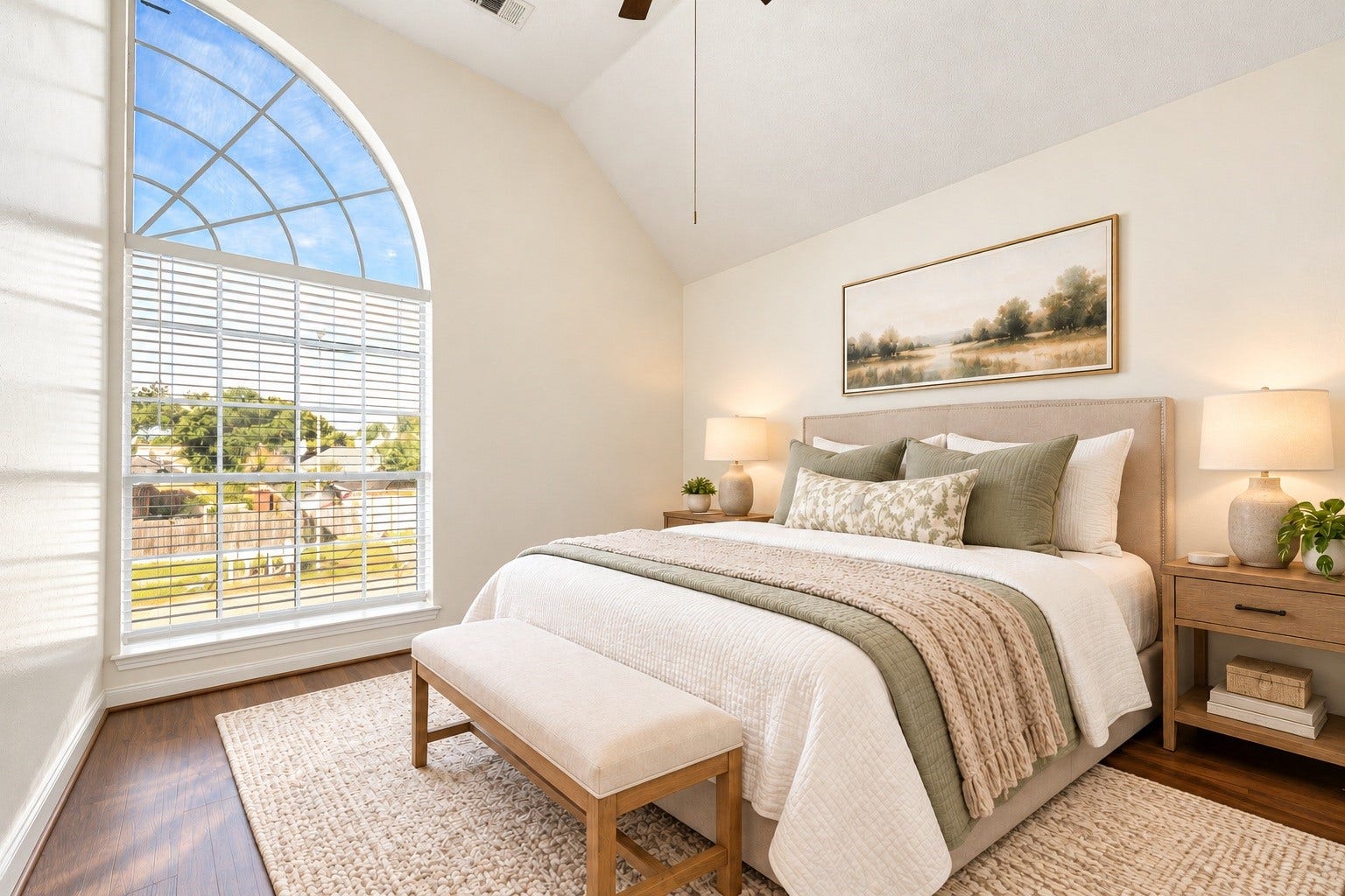 6306 Pago Lane, Houston, TX 77041 The third bedroom impresses with a soaring vaulted ceiling and a dramatic arched window. Virtually staged.