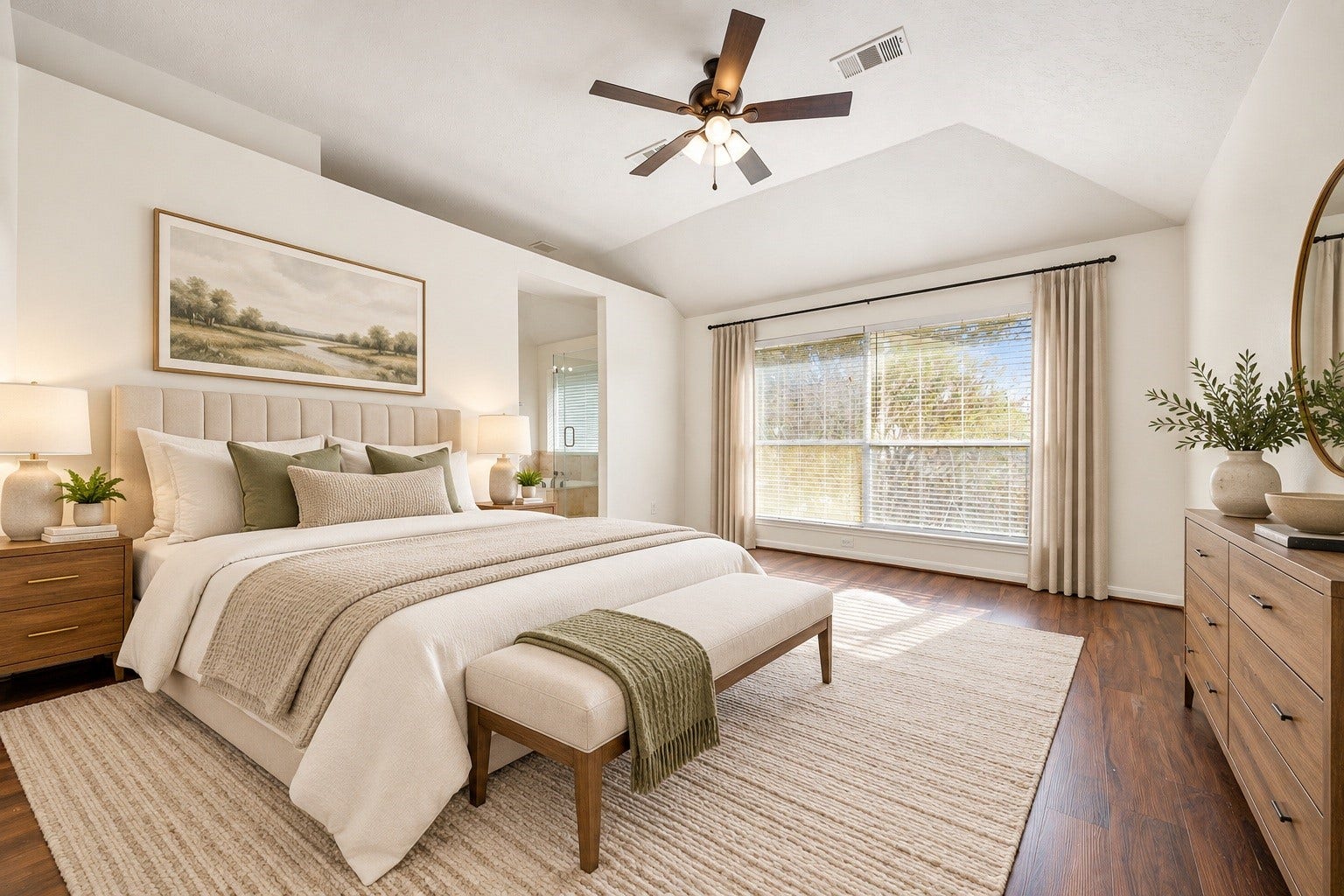 6306 Pago Lane, Houston, TX 77041 The primary bedroom, located upstairs, features a vaulted ceiling, ceiling fan, and direct access to the ensuite bath. Virtually staged.