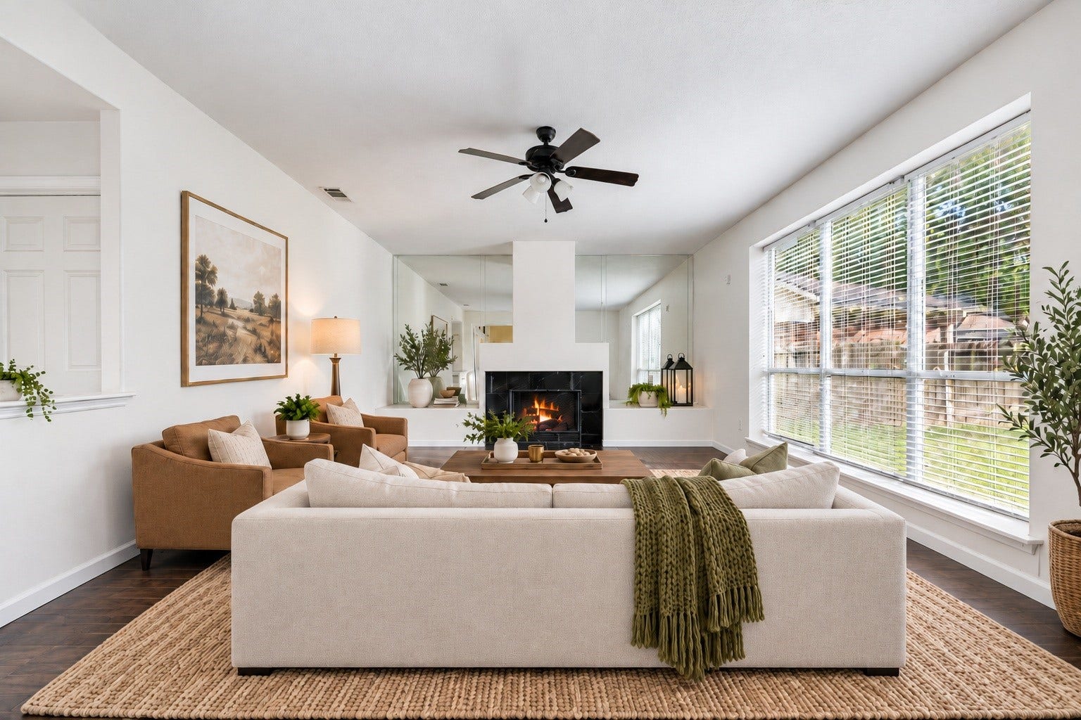 6306 Pago Lane, Houston, TX 77041 The living area offers a cozy fireplace and an abundance of natural light, creating a warm and inviting space to relax. Virtually staged.
